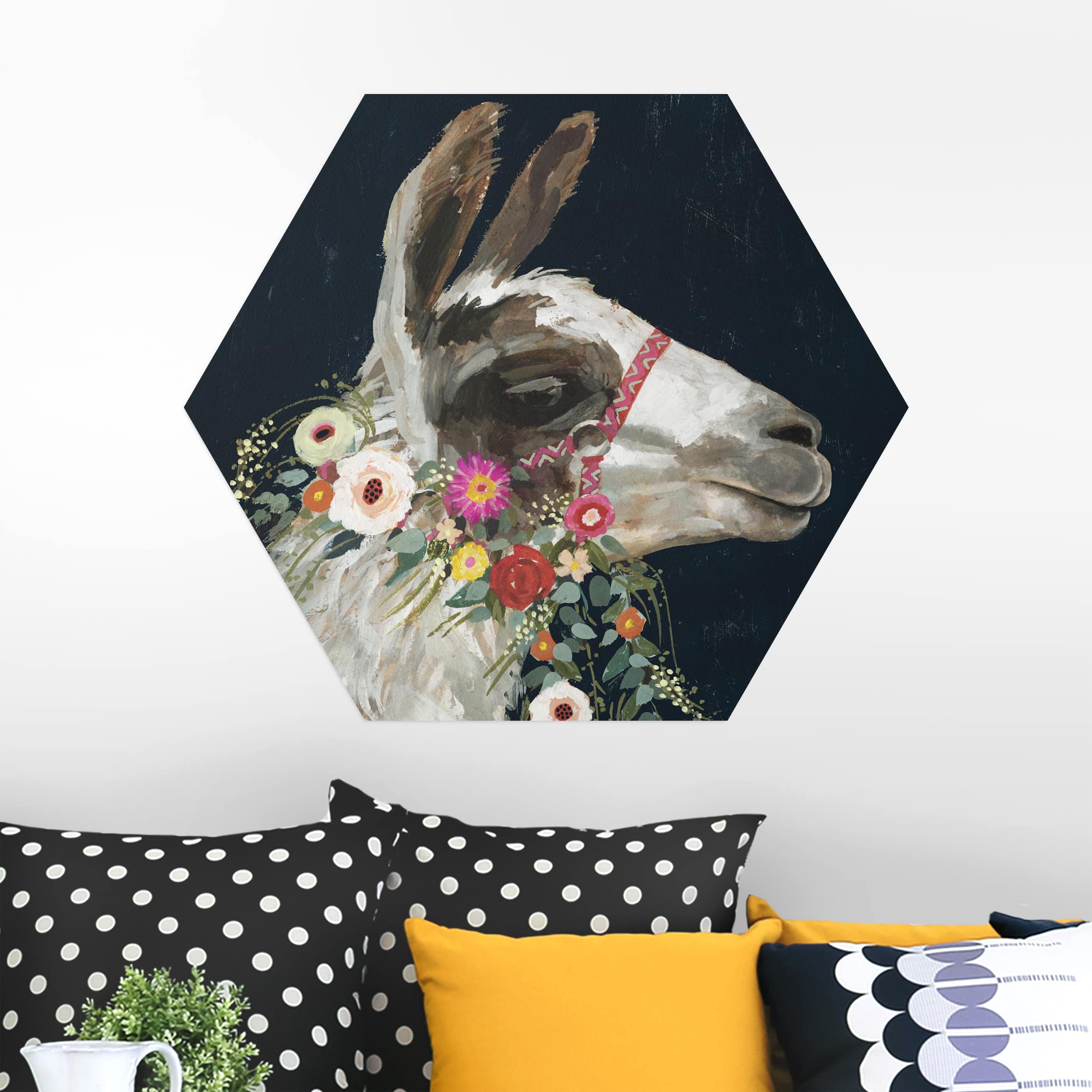 Hexagon-Alu-Dibond Bild Lama mit Blumenschmuck I