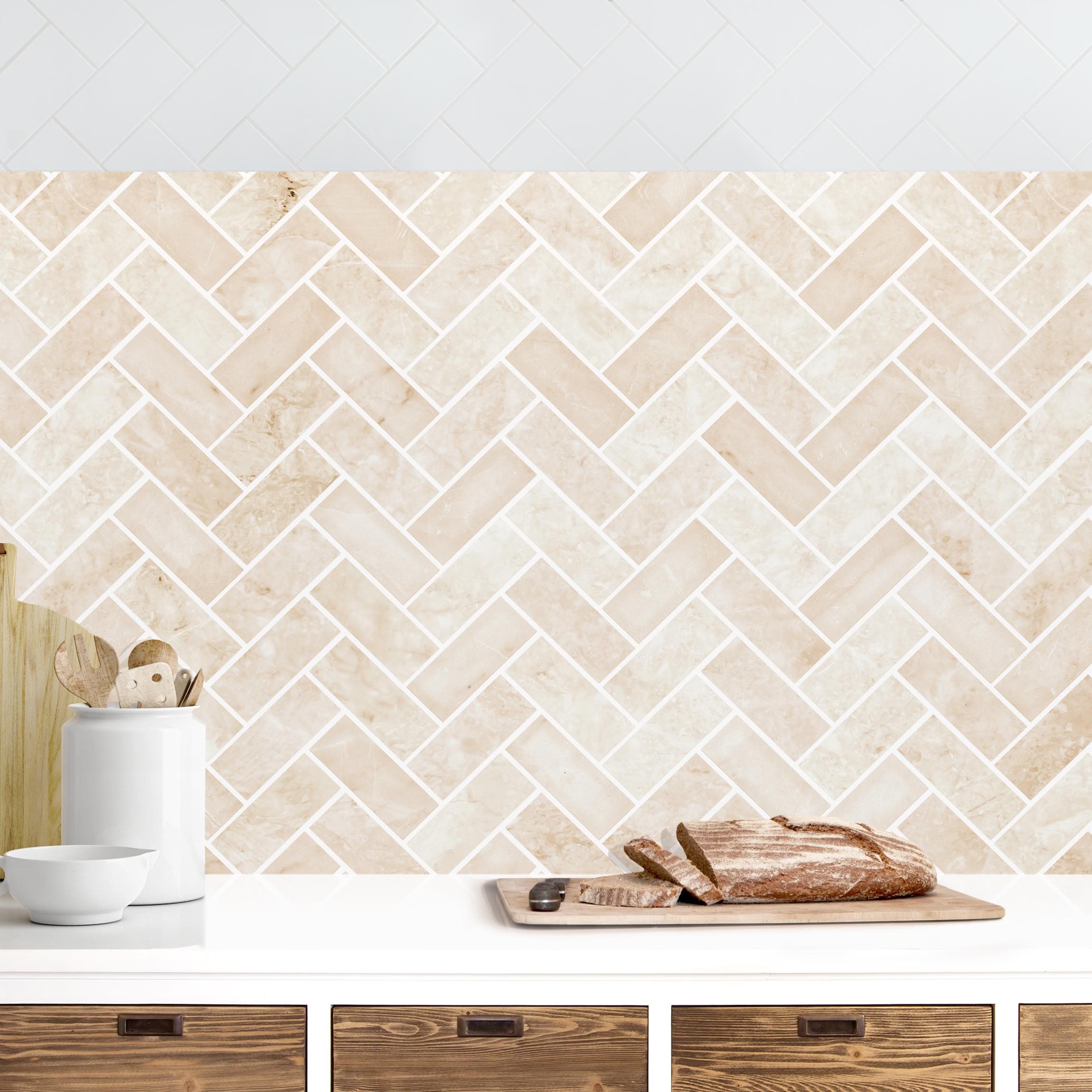 Küchenrückwand Marmor Fischgräten Fliesen - Beige