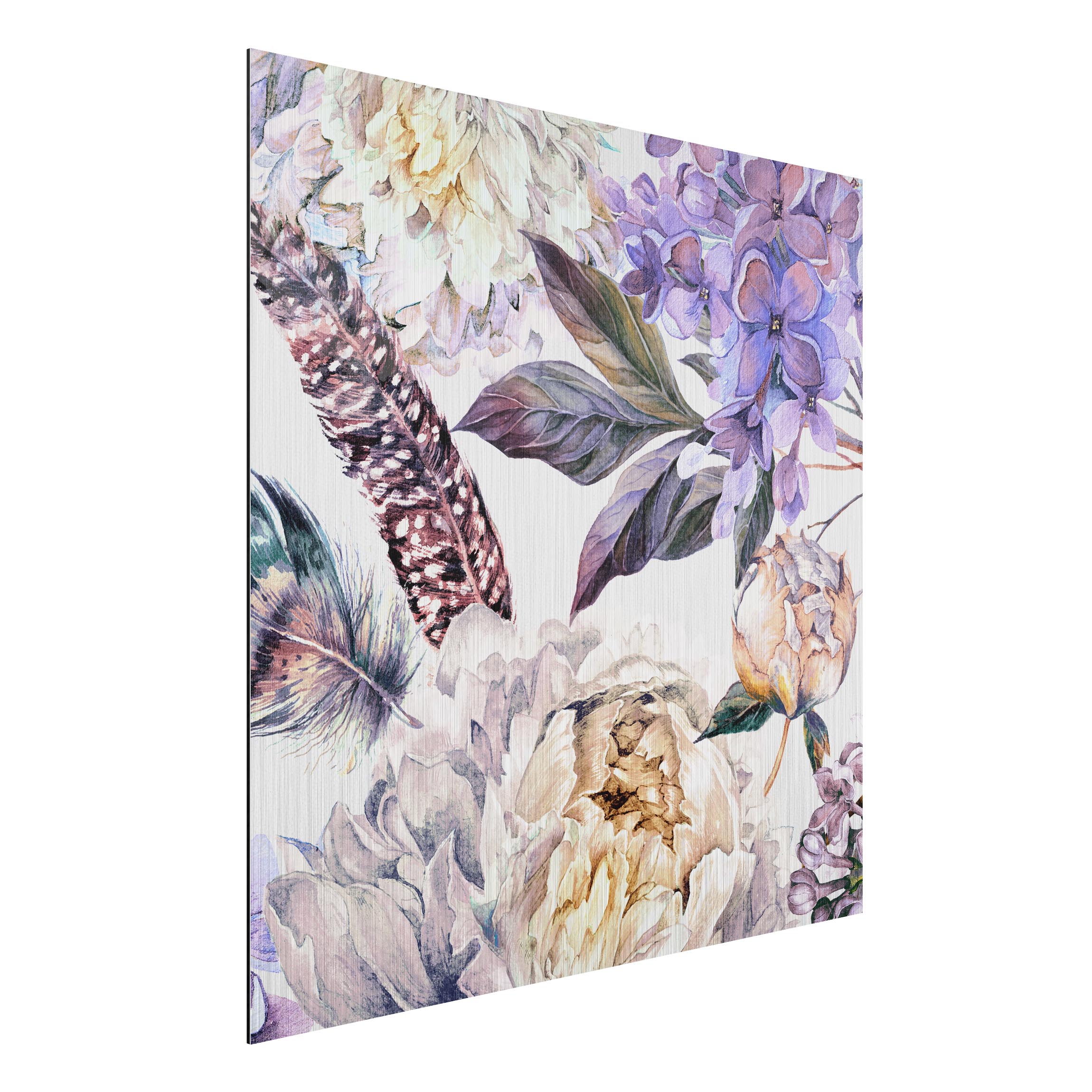 Alu-Dibond Outdoor Bild Zartes Aquarell Boho Blüten und Federn Muster