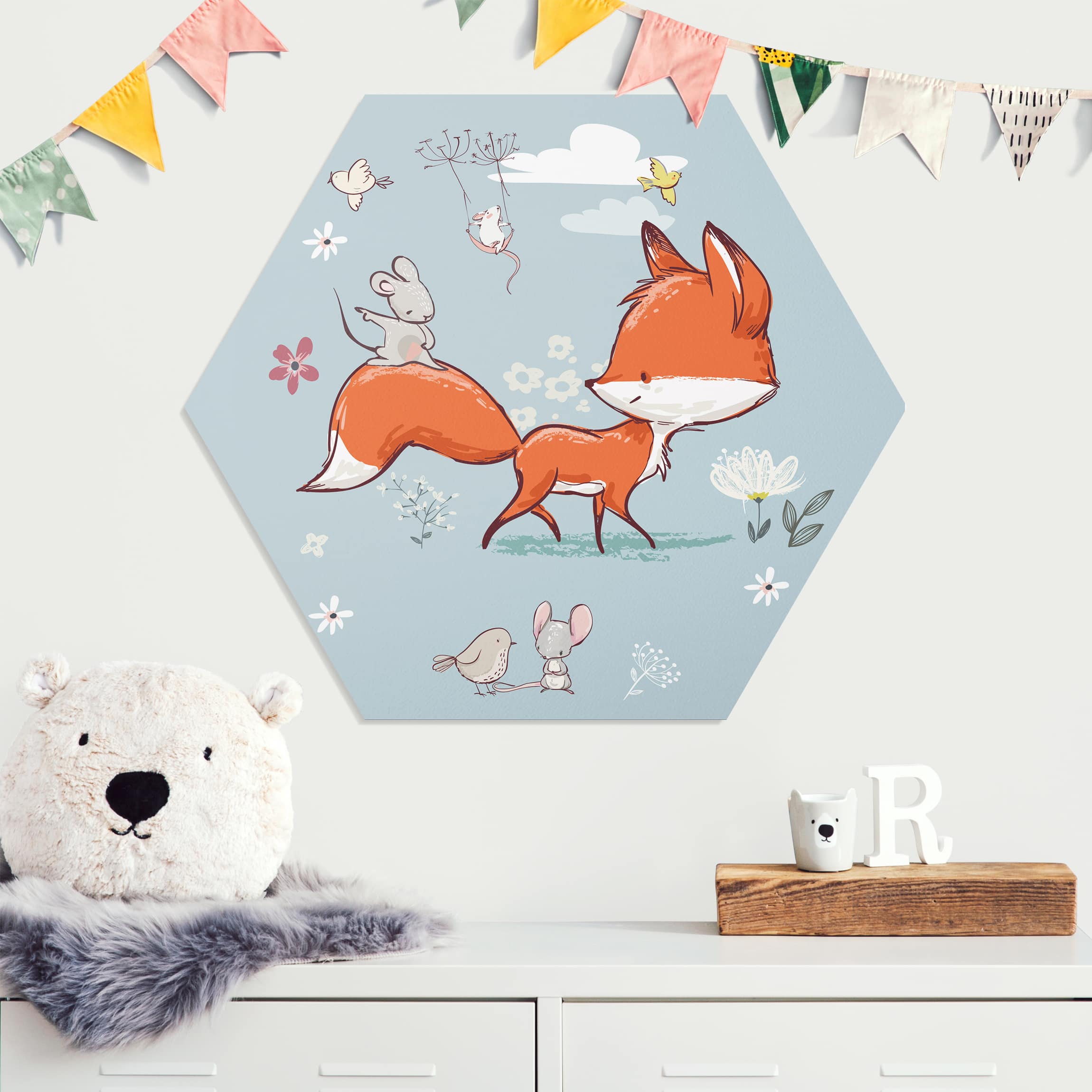 Hexagon-Forexbild Fuchs und Maus auf Wanderschaft