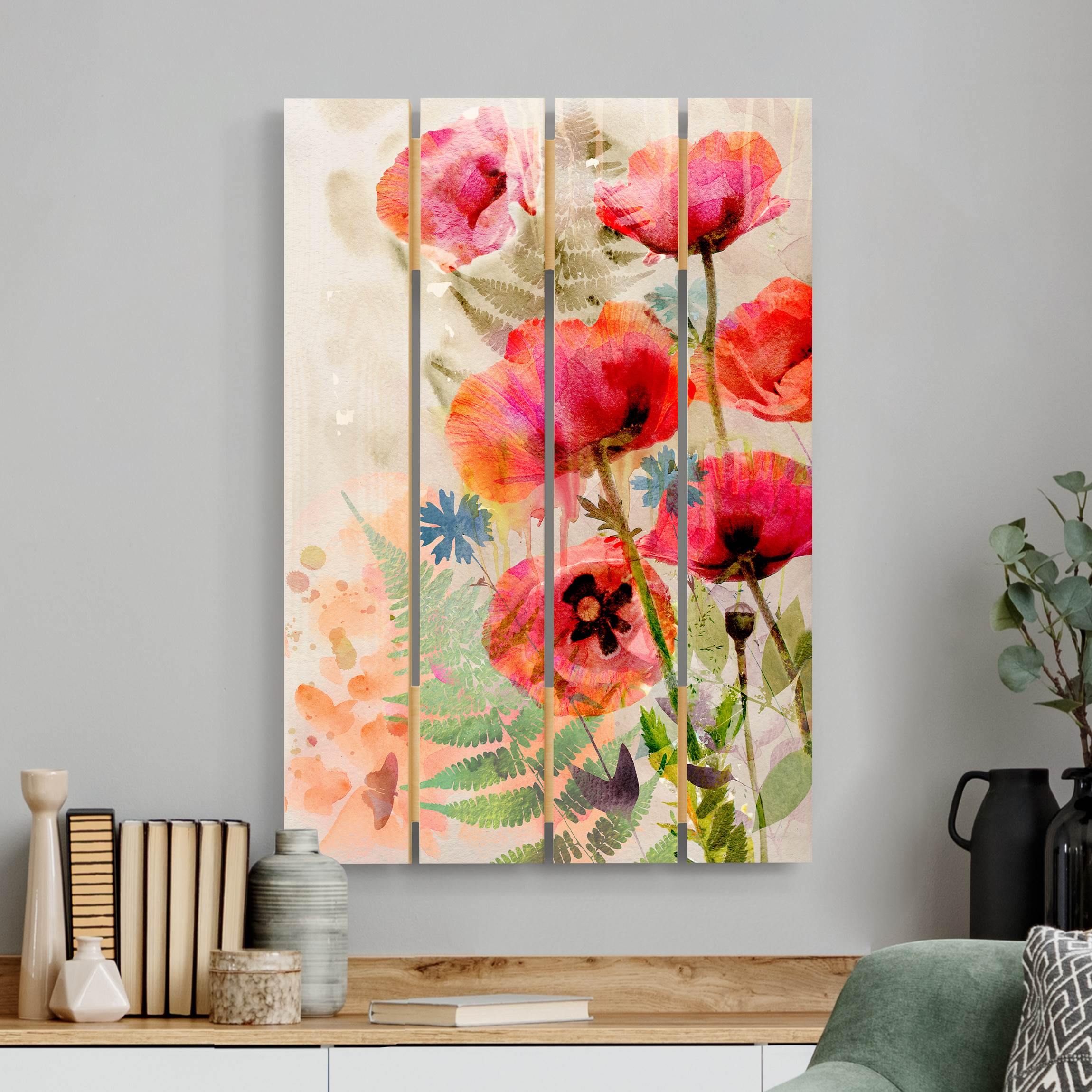 Holzbild Plankenoptik Aquarell Blumen Mohn