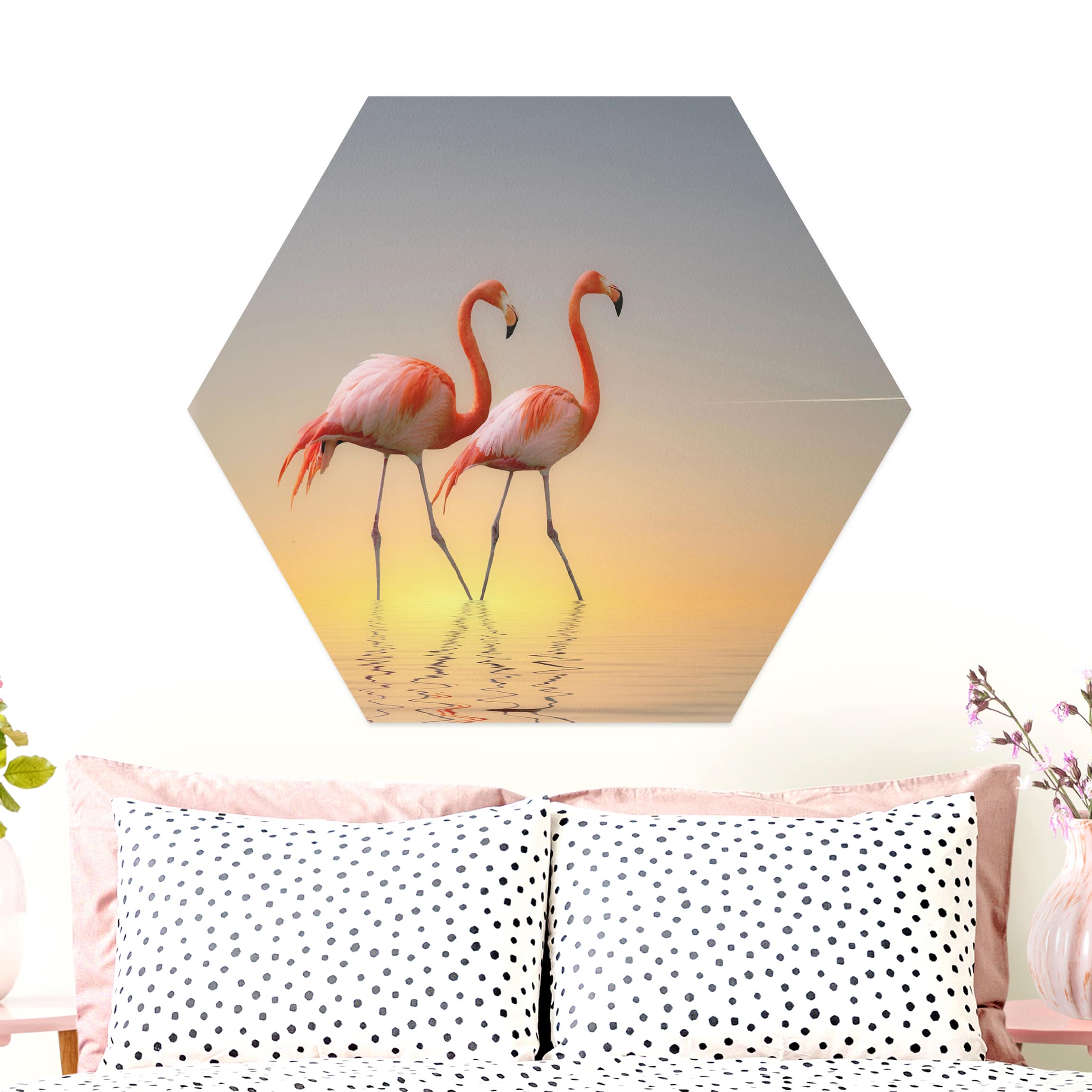 Hexagon-Alu-Dibond Bild Flamingo Love