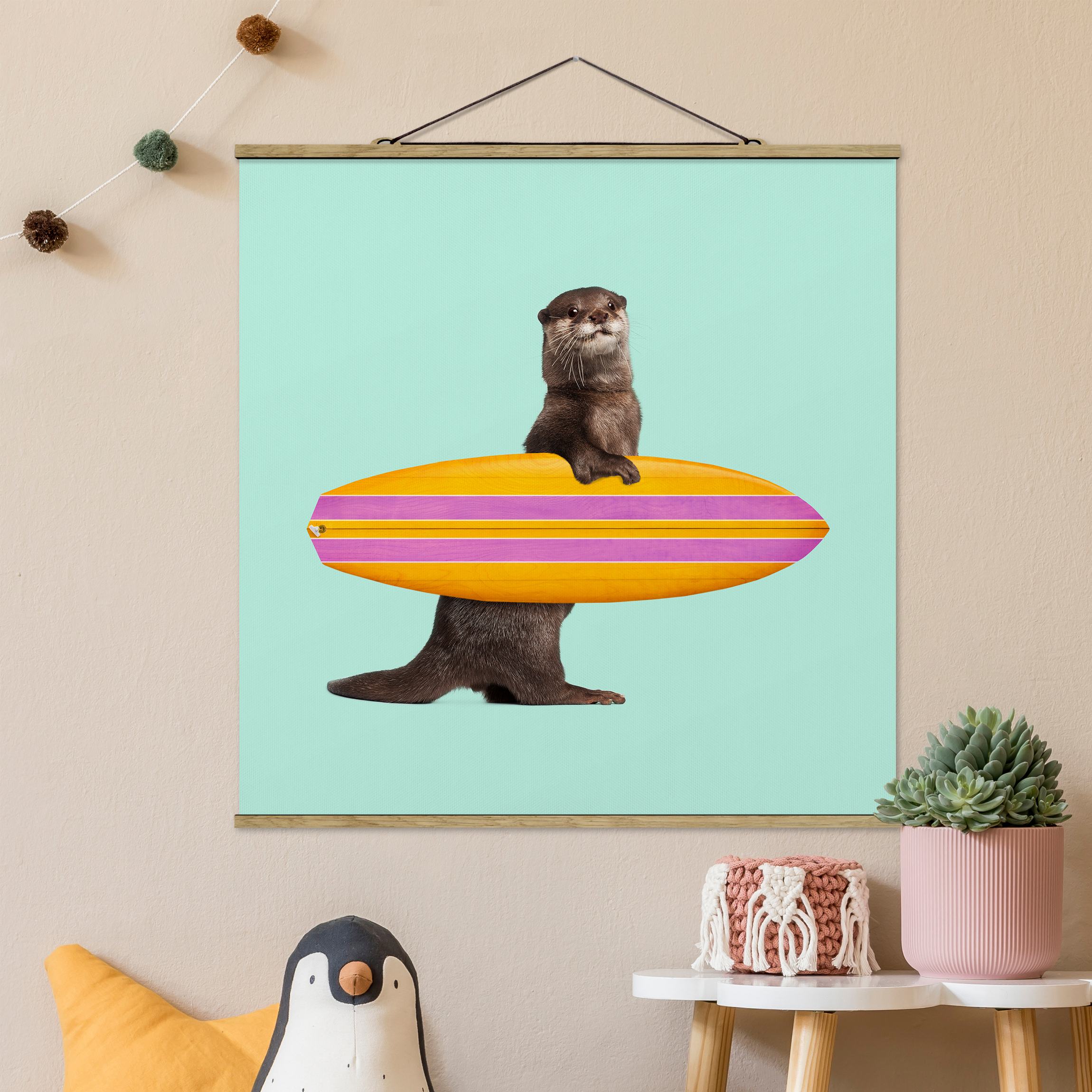 Stoffbild mit Posterleisten Otter mit Surfbrett