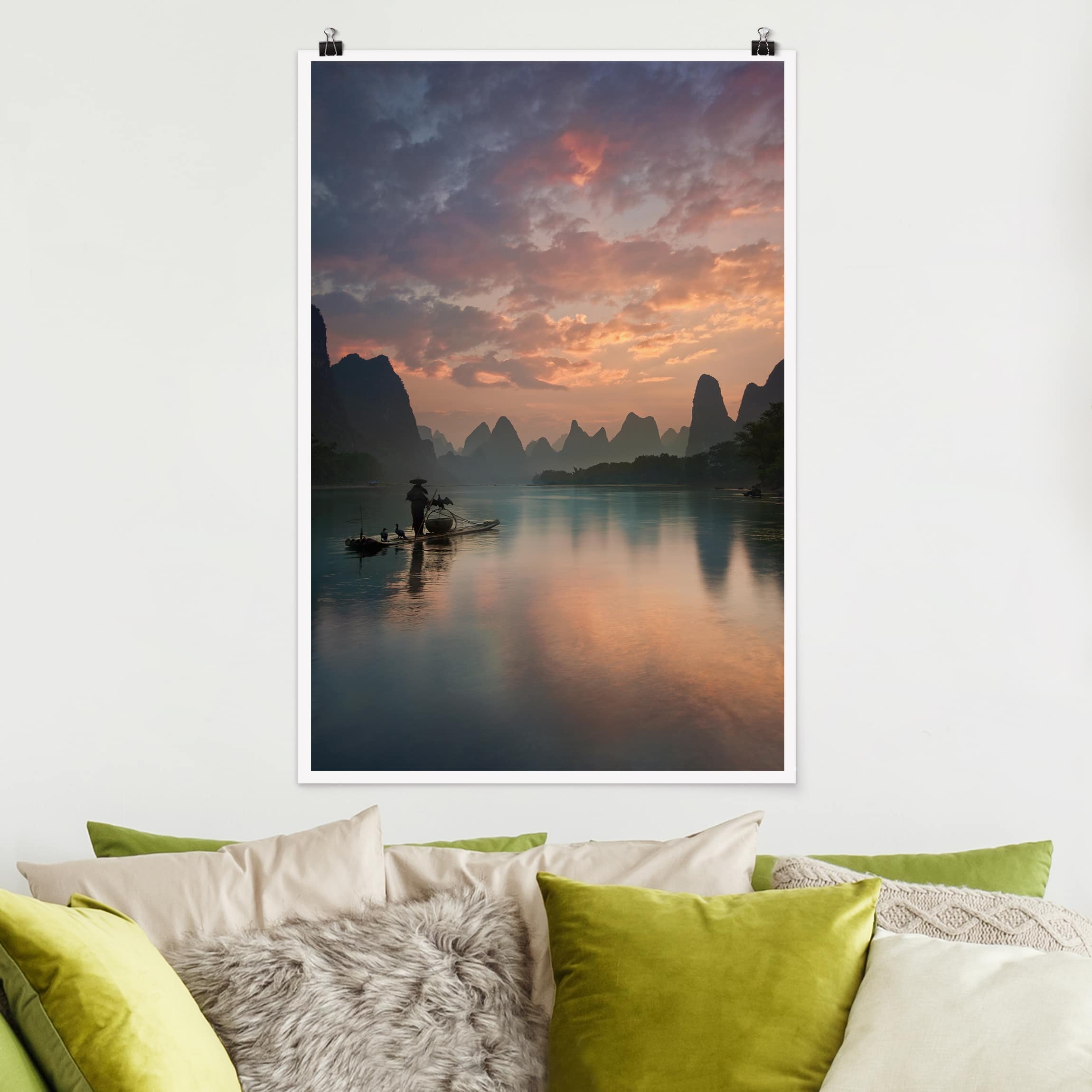 Poster - Hochformat Sonnenaufgang über chinesischem Fluss
