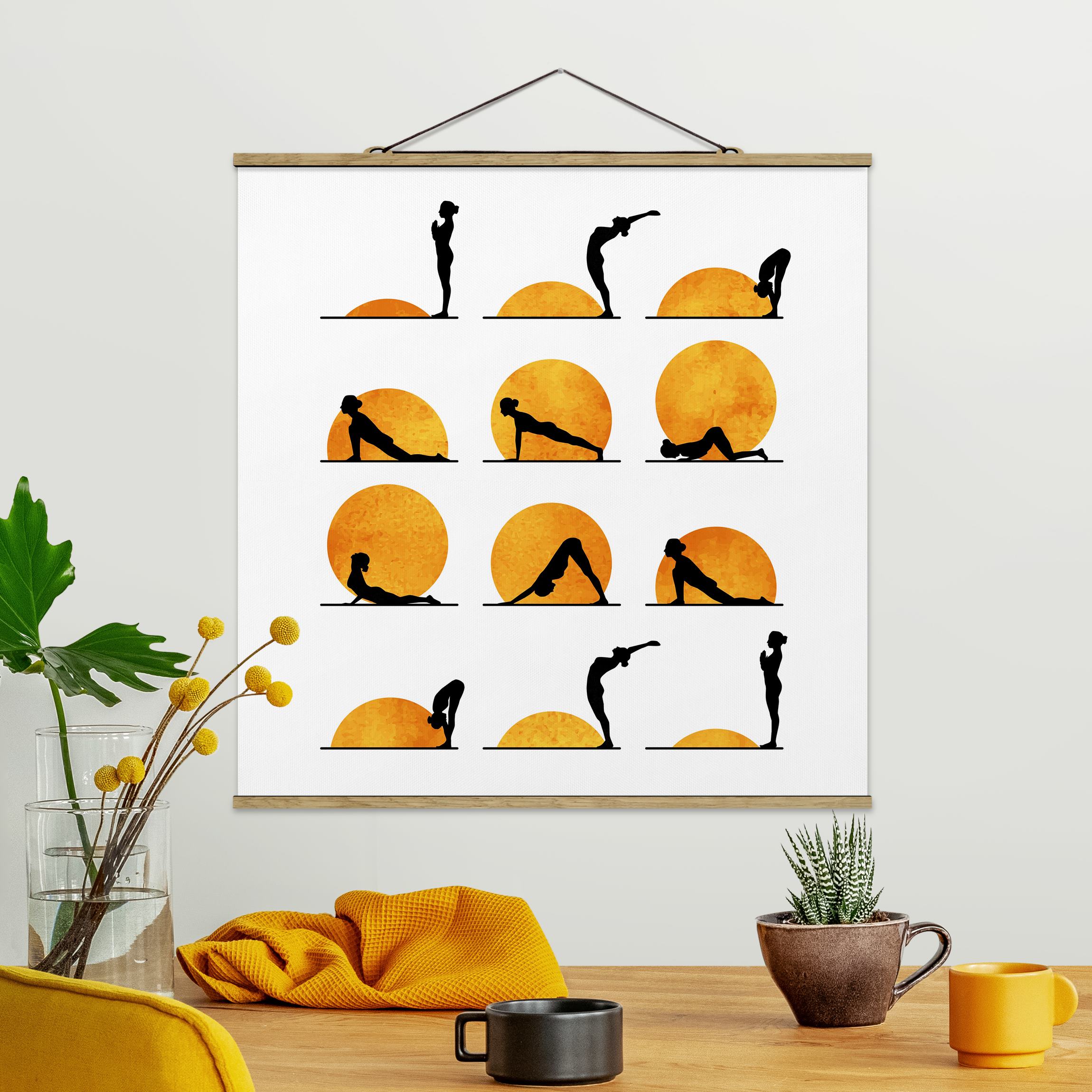 Stoffbild mit Posterleisten Yoga - Der Sonnengruß