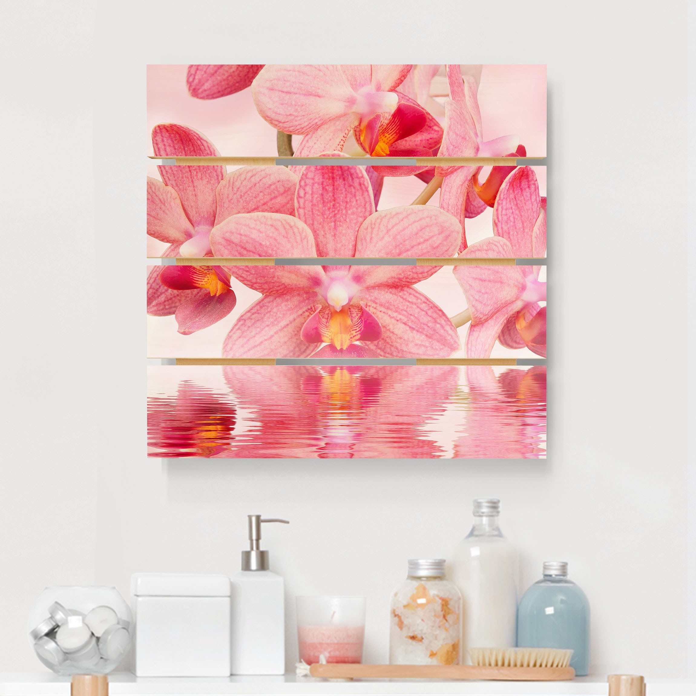 Holzbild Plankenoptik Rosa Orchideen auf Wasser