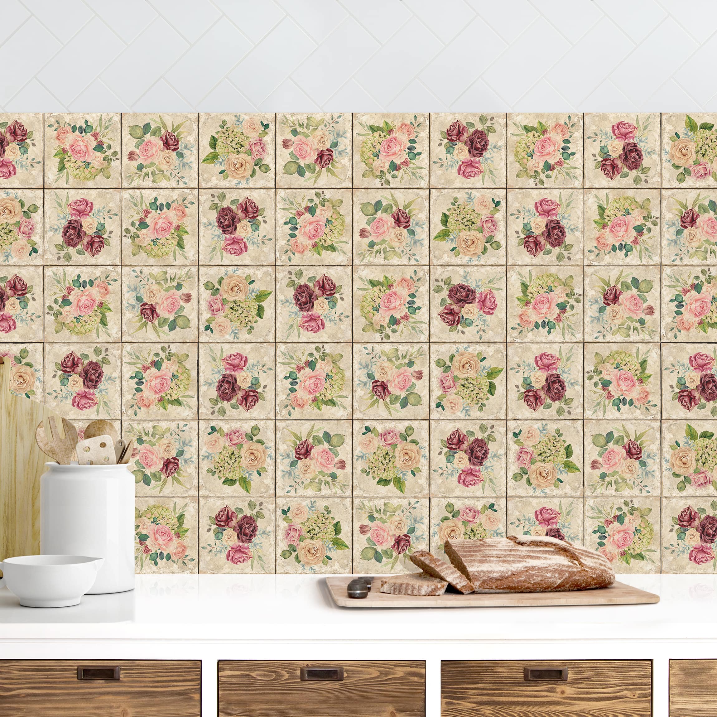 Küchenrückwand Vintage Rosen und Hortensien