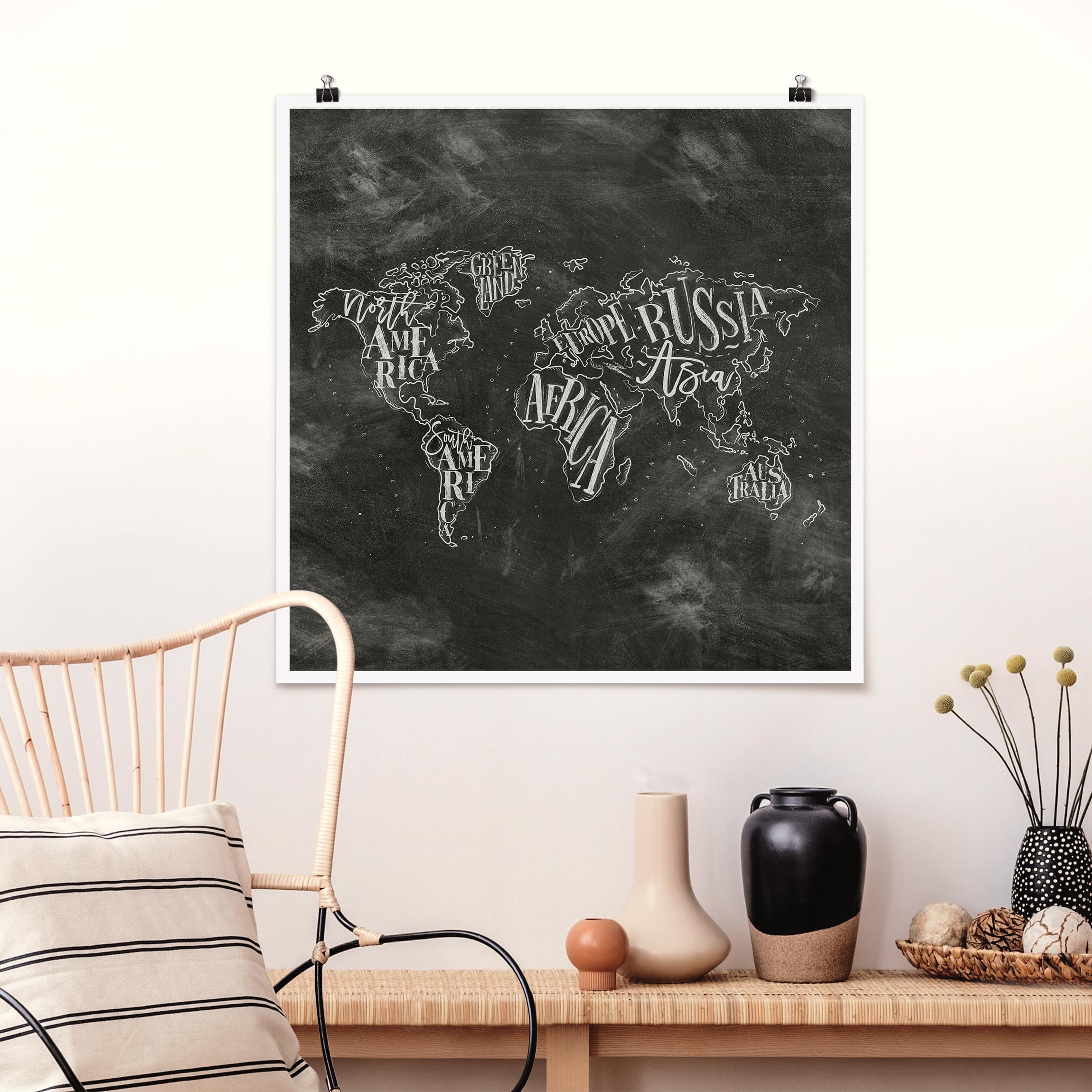 Poster - Quadrat Kreide Weltkarte