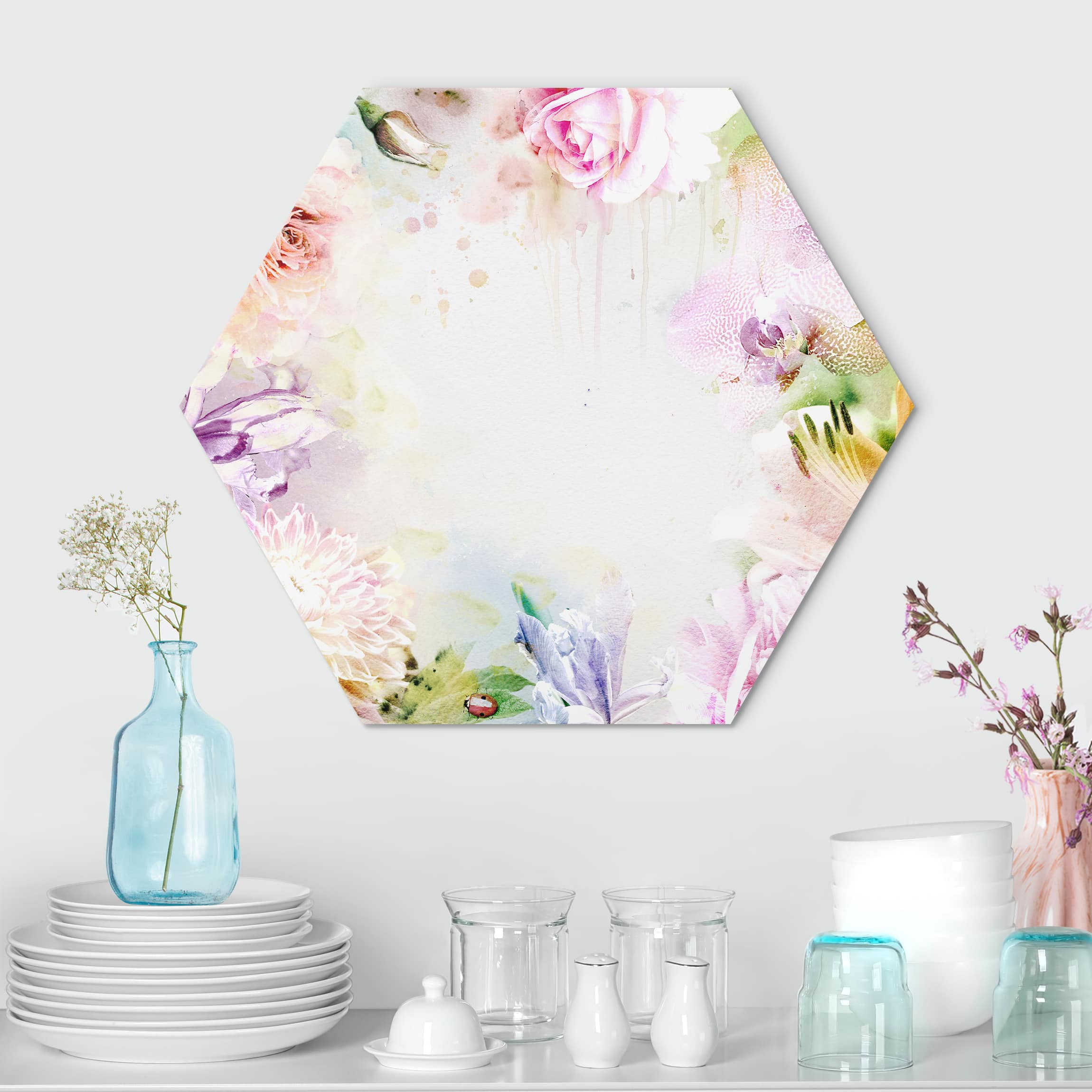 Hexagon-Alu-Dibond Bild Aquarell Blütenmix Pastell