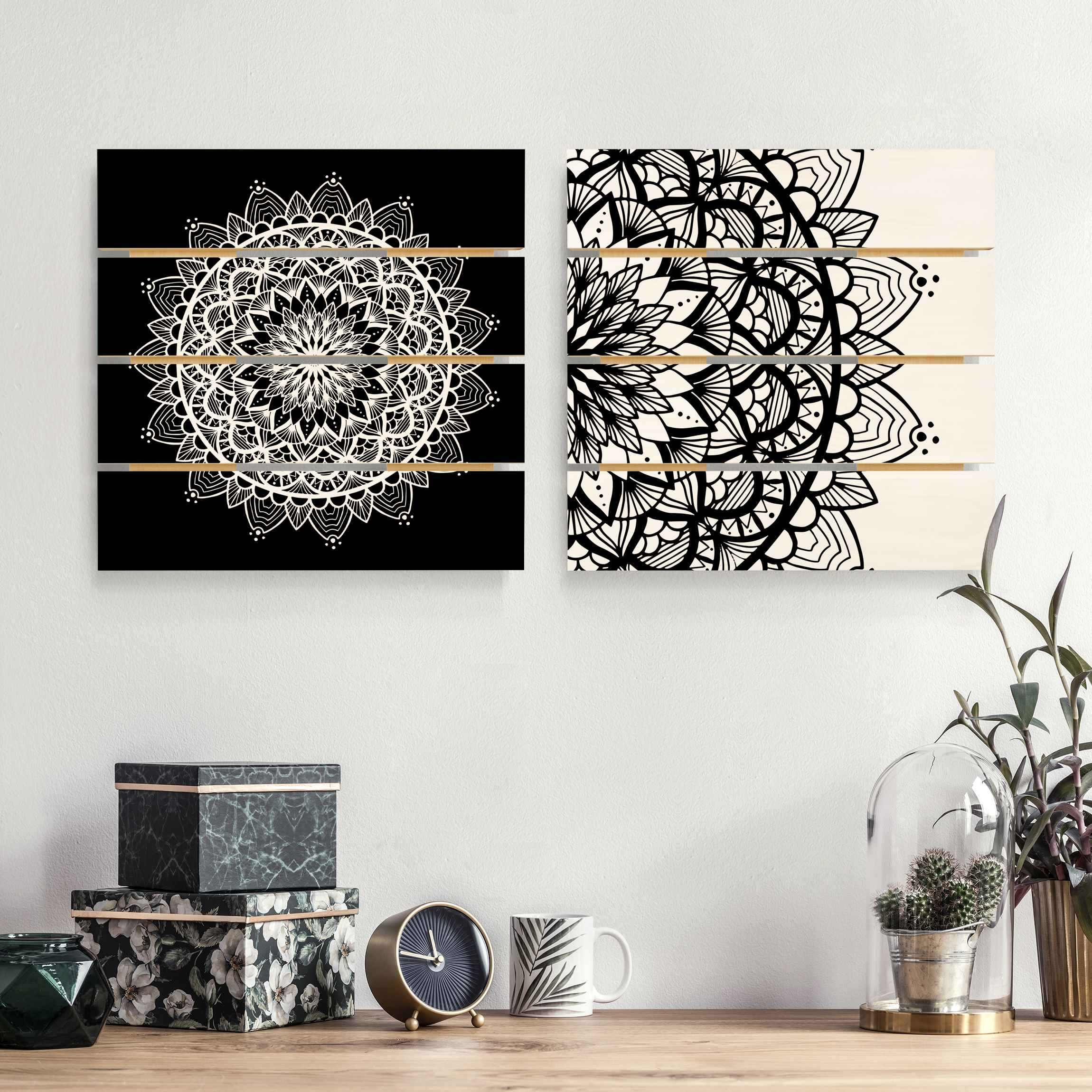2-teiliges Holzbild Plankenoptik - Quadrat Mandala Illustration shabby Set schwarz weiß