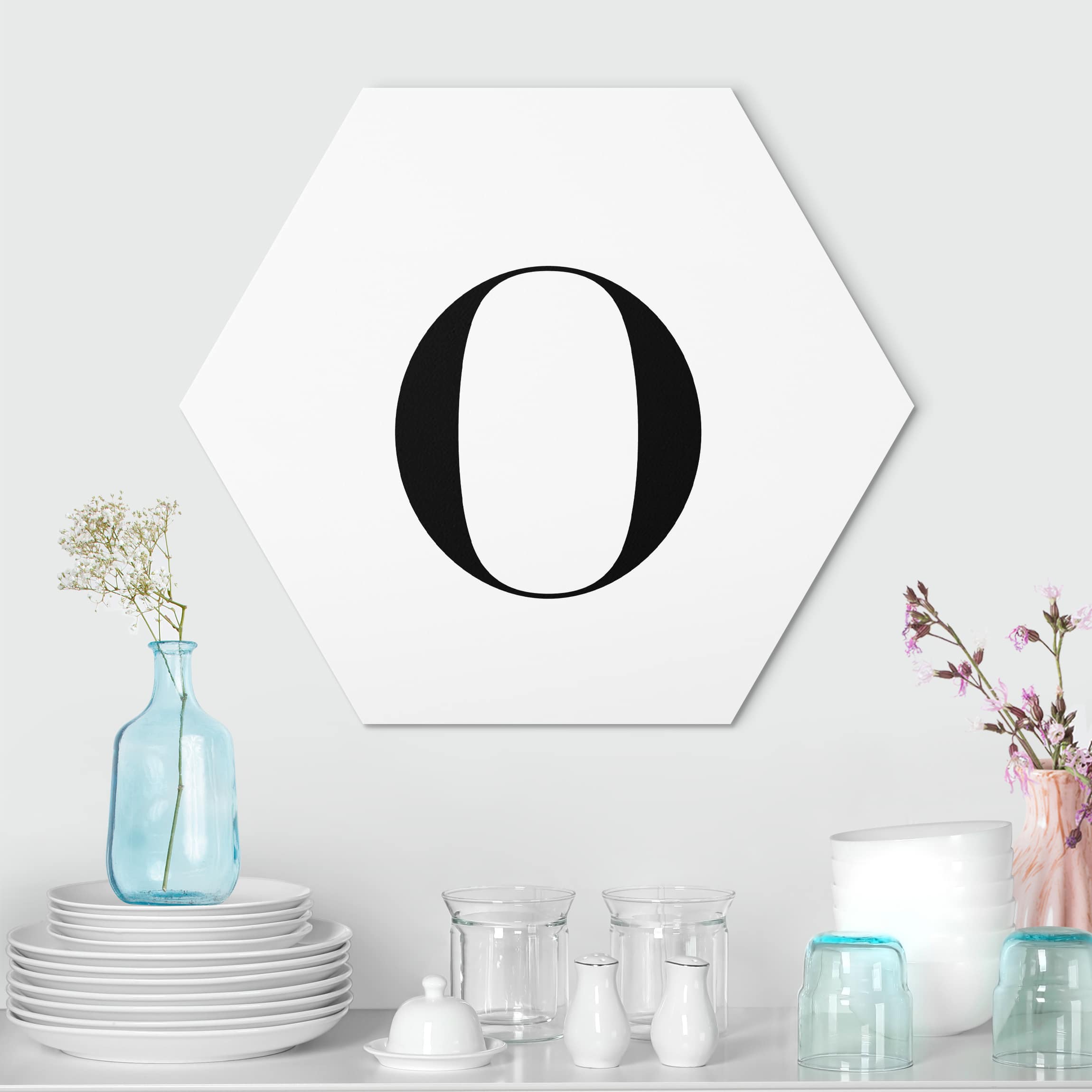 Hexagon-Alu-Dibond Bild Buchstabe Serif Weiß O