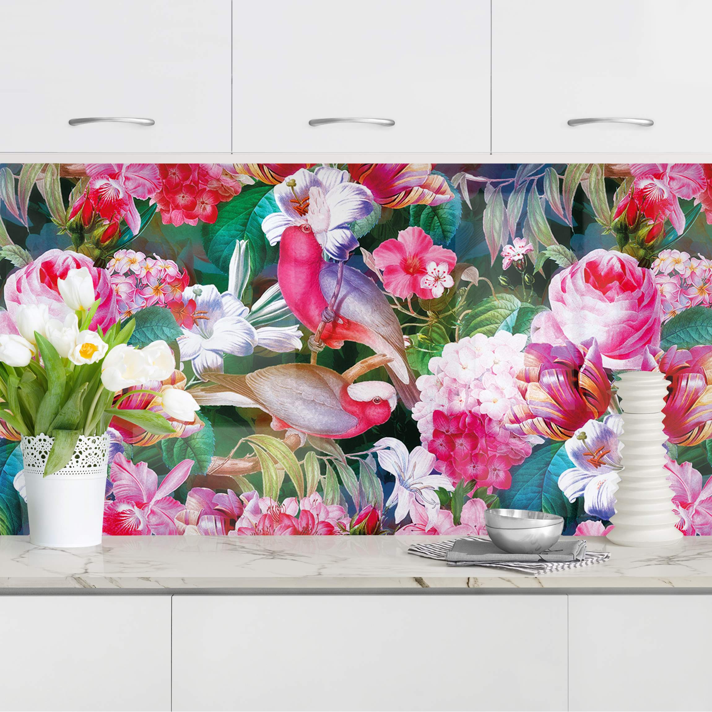 Küchenrückwand Bunte Tropische Blumen mit Vögeln Pink I