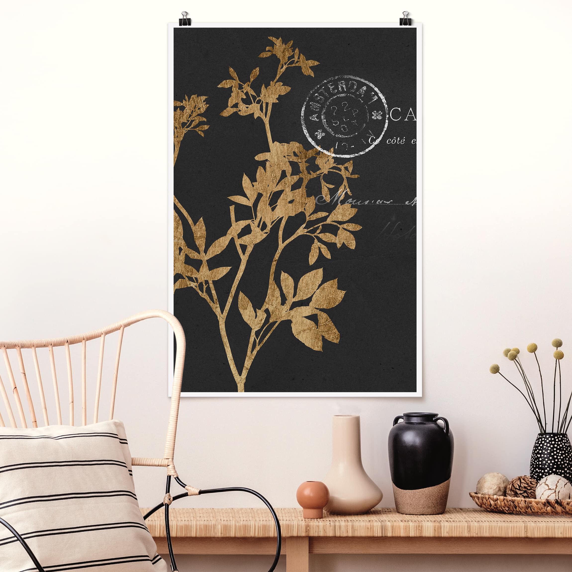 Poster - Hochformat Goldene Blätter auf Mokka I