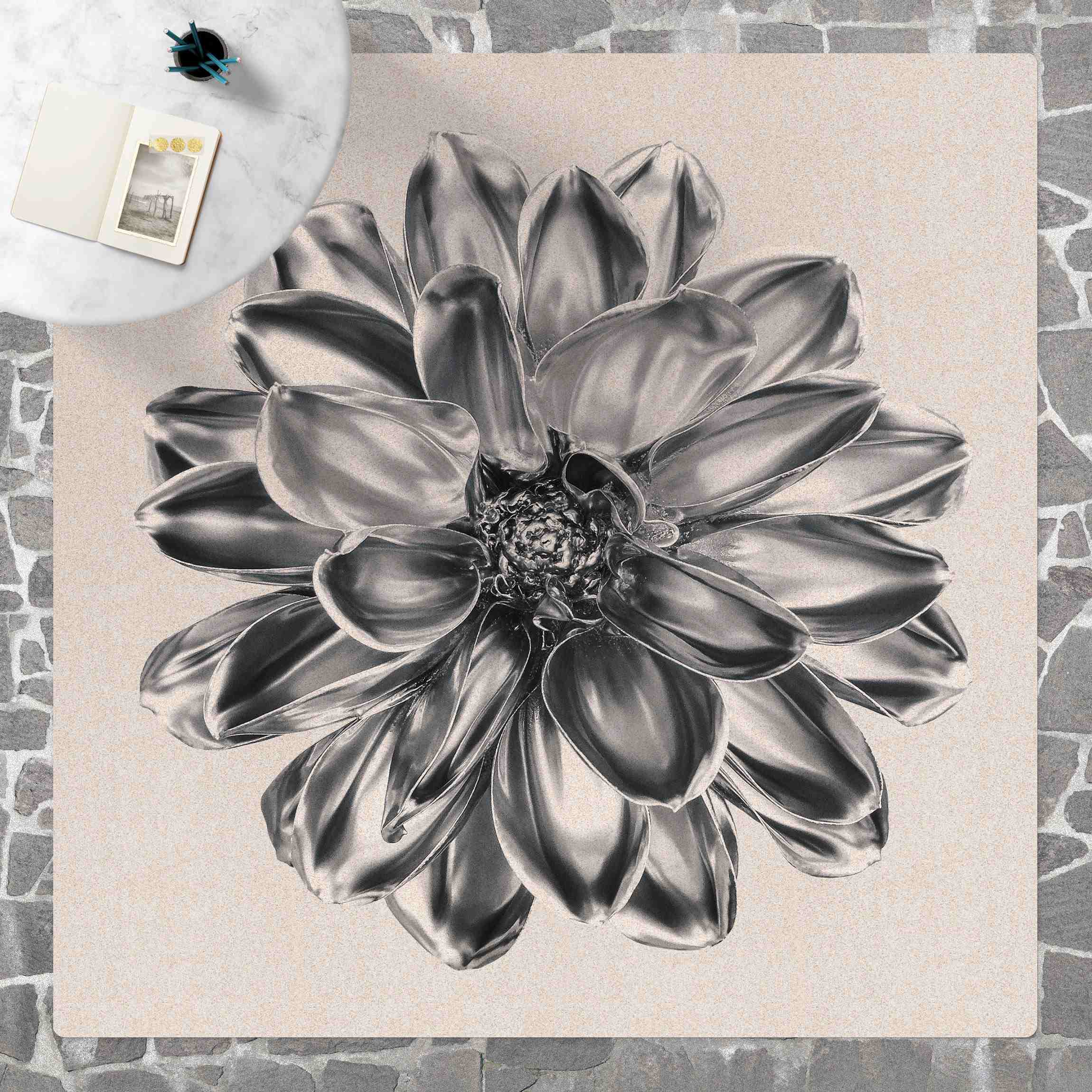 Kork-Teppich Dahlie Blume Silber Metallic