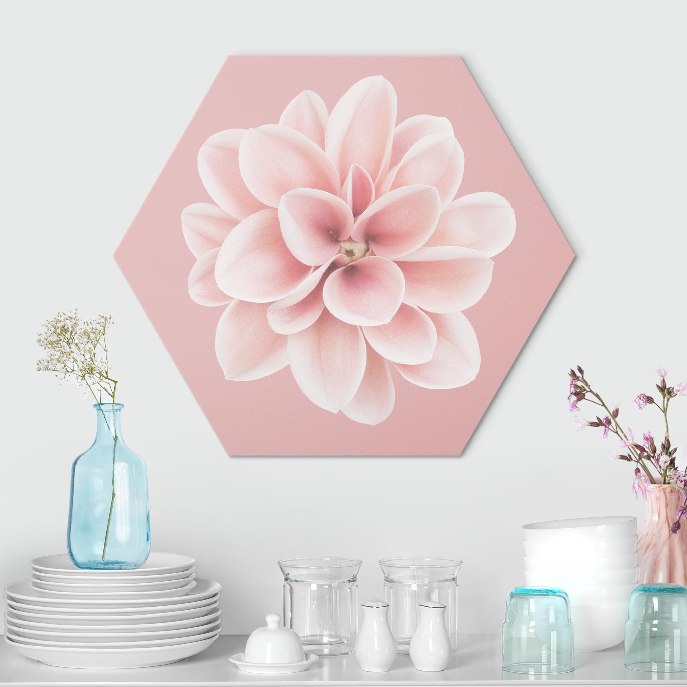 Hexagon-Alu-Dibond Bild Dahlie Rosa Blush Blume Zentriert