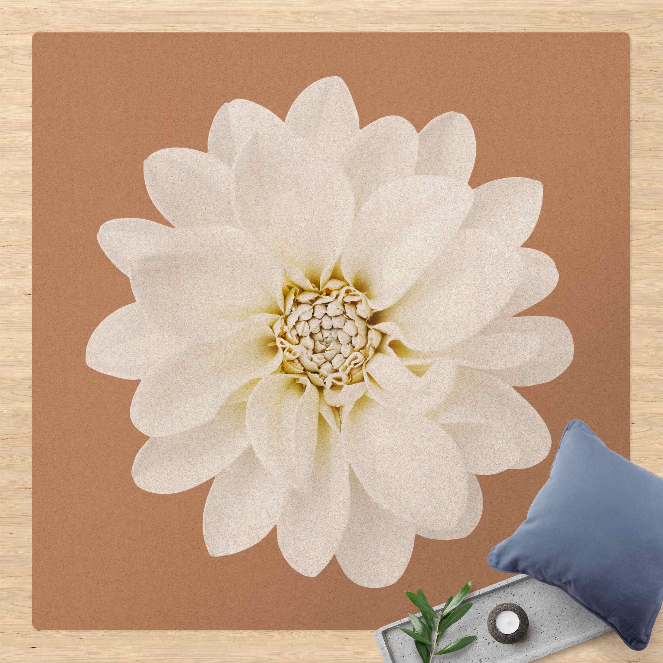 Kork-Teppich Dahlie Weiß Taupe Pastell Zentriert