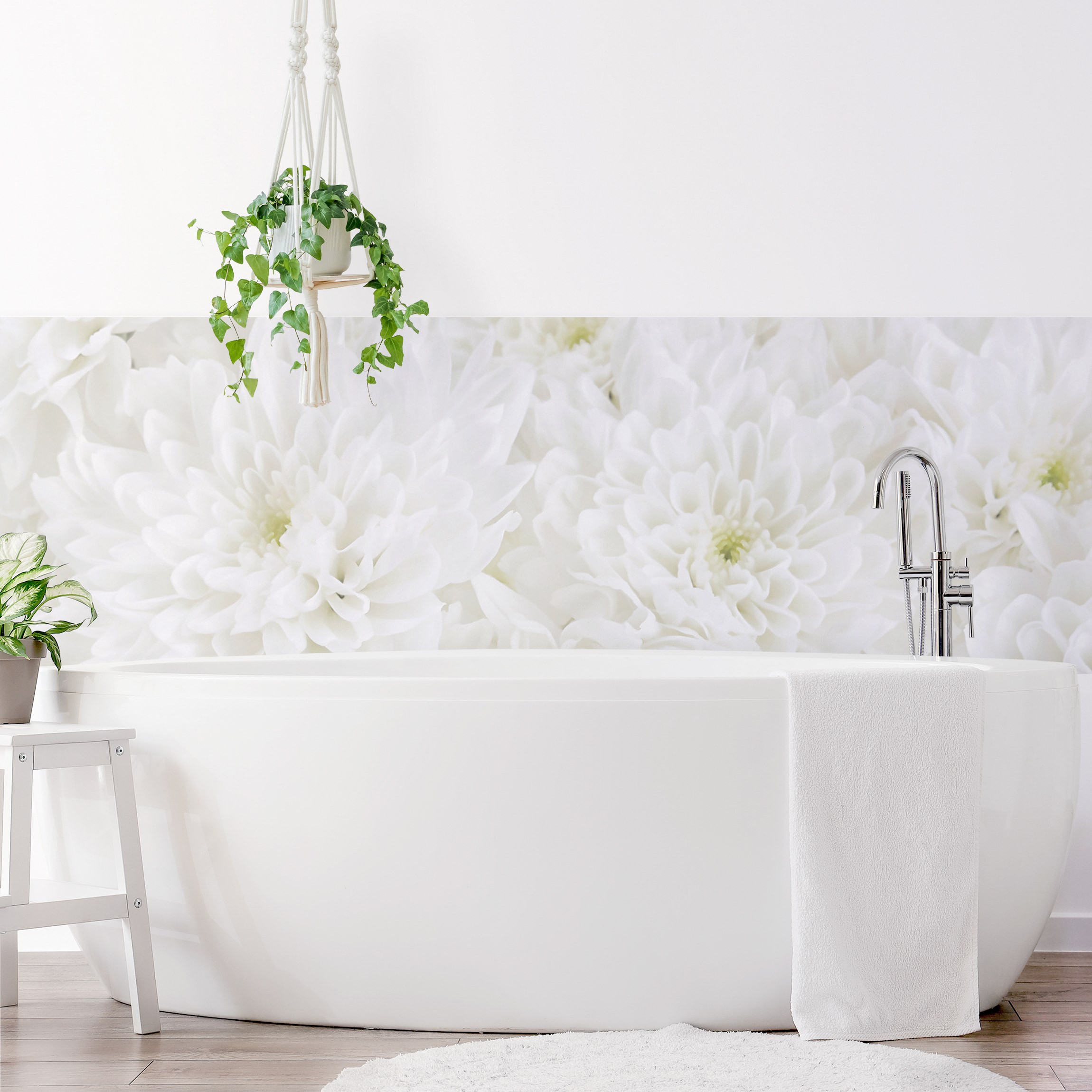 Wandverkleidung Bad Dahlien Blumenmeer weiß