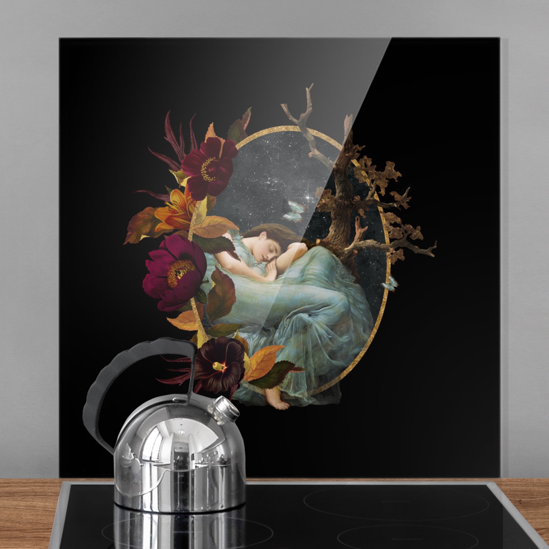 Spritzschutz Dame mit Blumen auf Schwarz