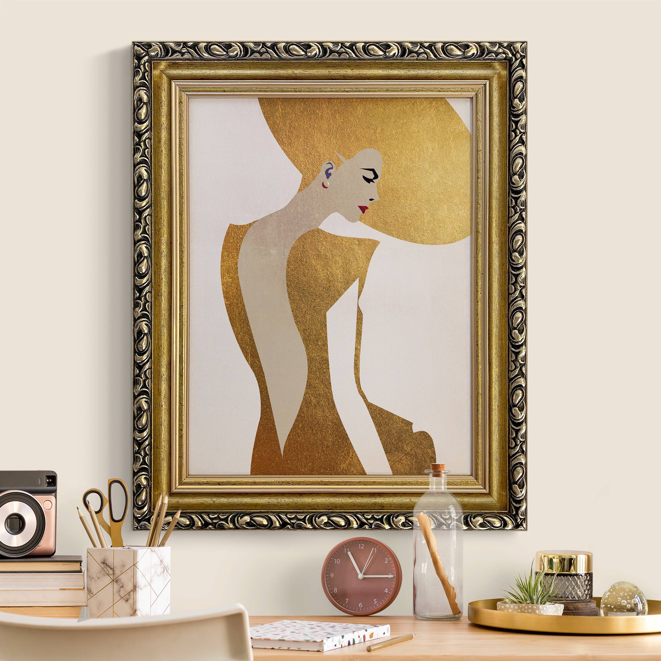 Leinwandbild in Barockrahmen Dame mit Hut in Gold