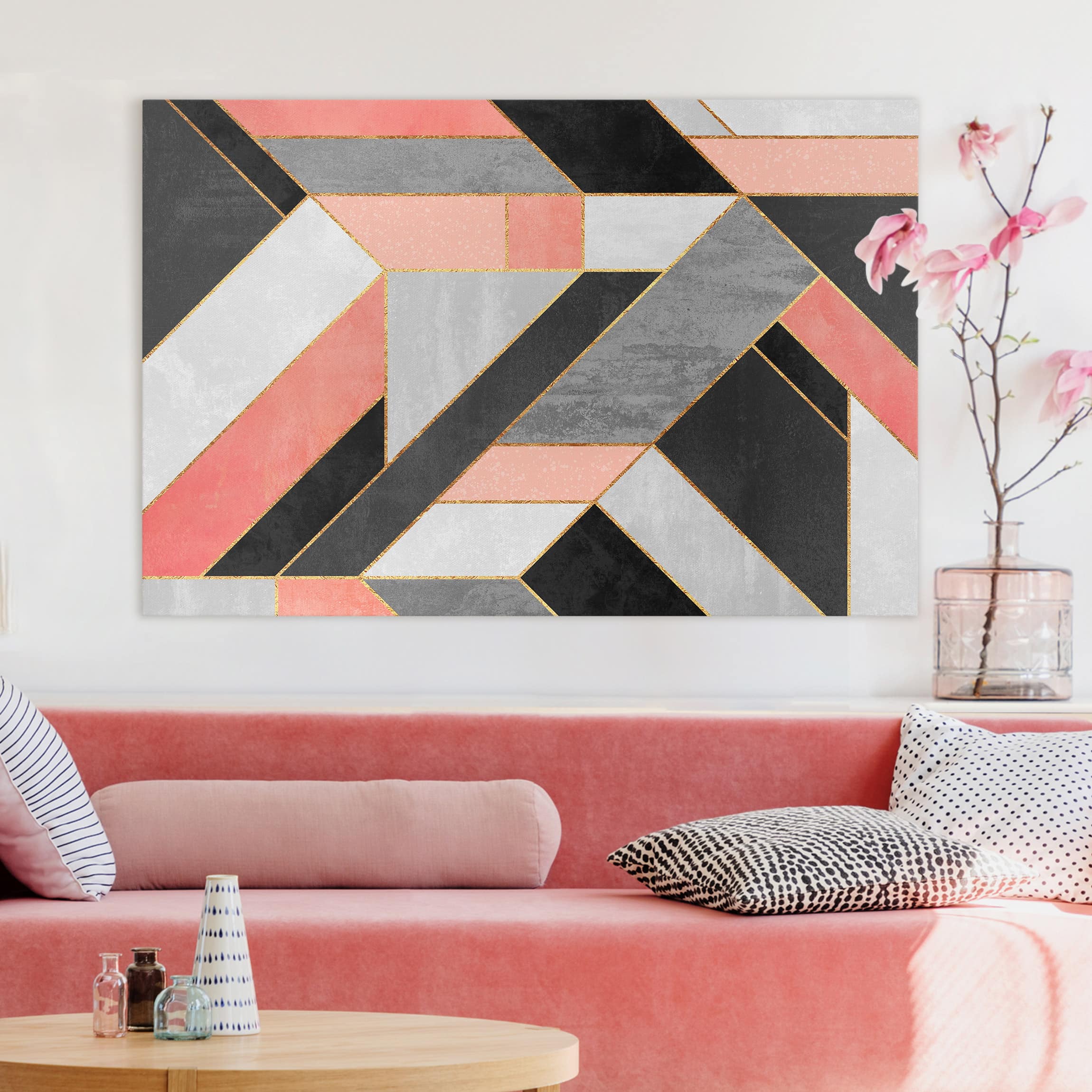 Leinwandbild - Querformat Geometrie Rosa und Gold