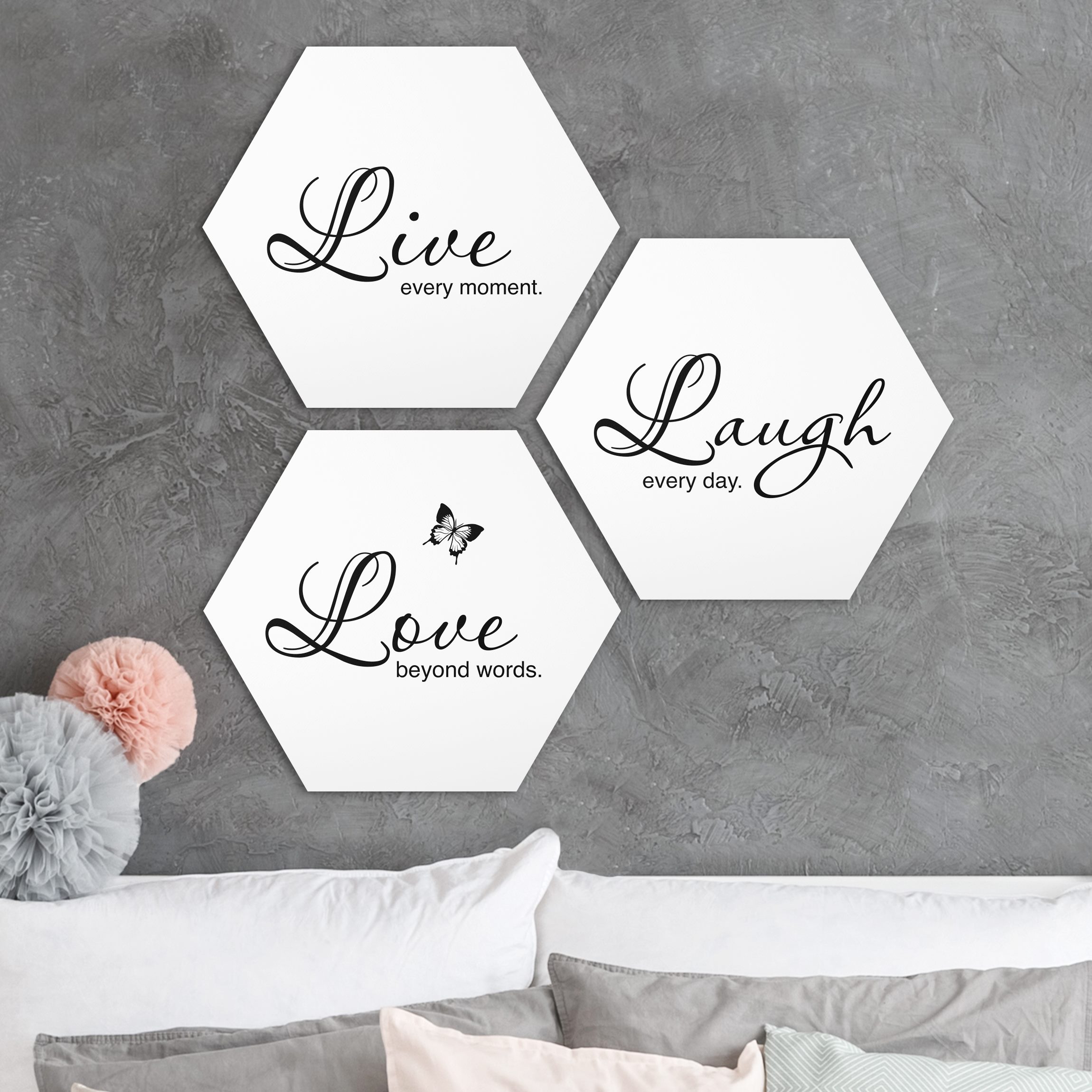 3-teiliges Hexagon-Alu-Dibond Bild Live Laugh Love