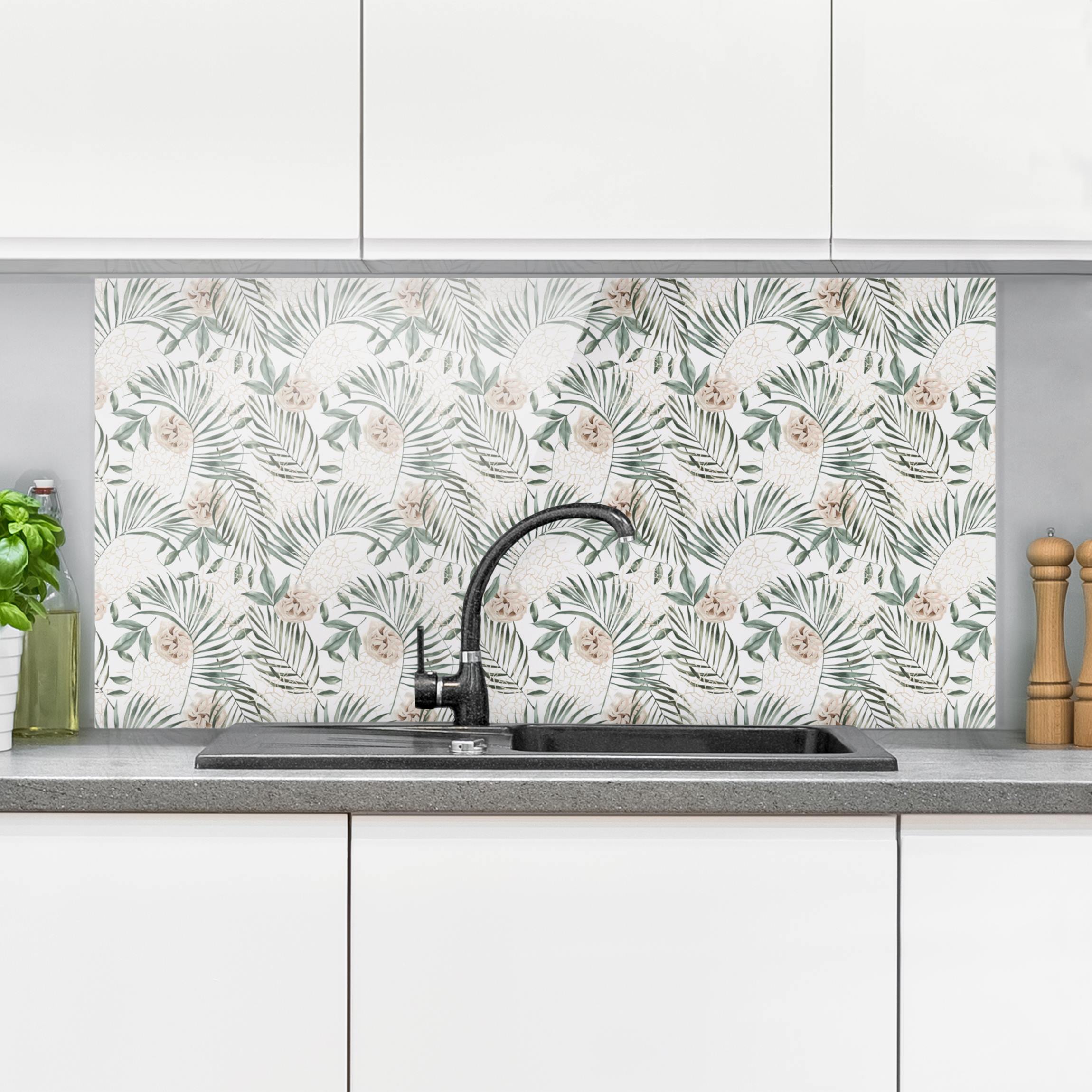 Glas Spritzschutz Tropische Palmenbögen mit Rosen Aquarell