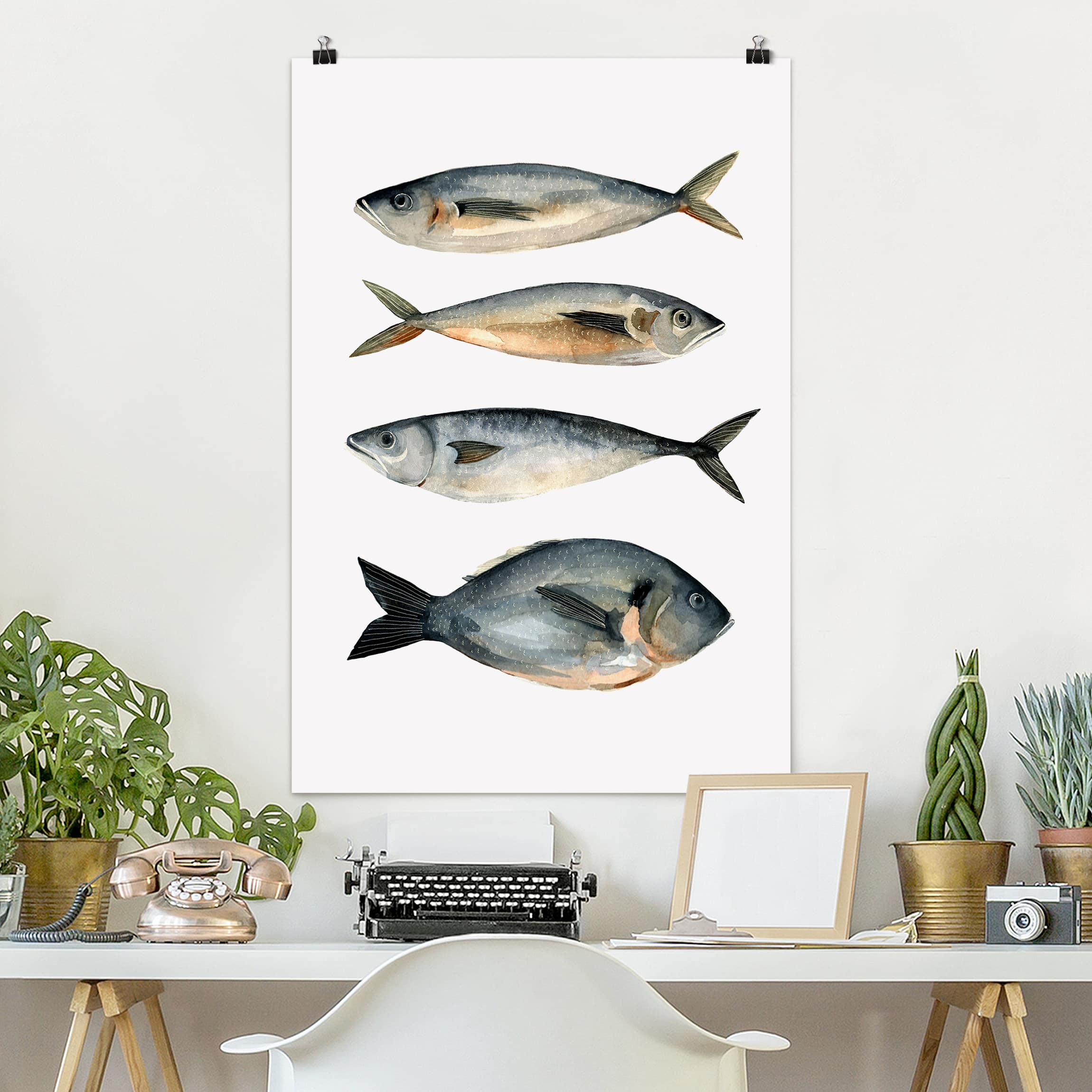 Poster Blumen Vier Fische in Aquarell I