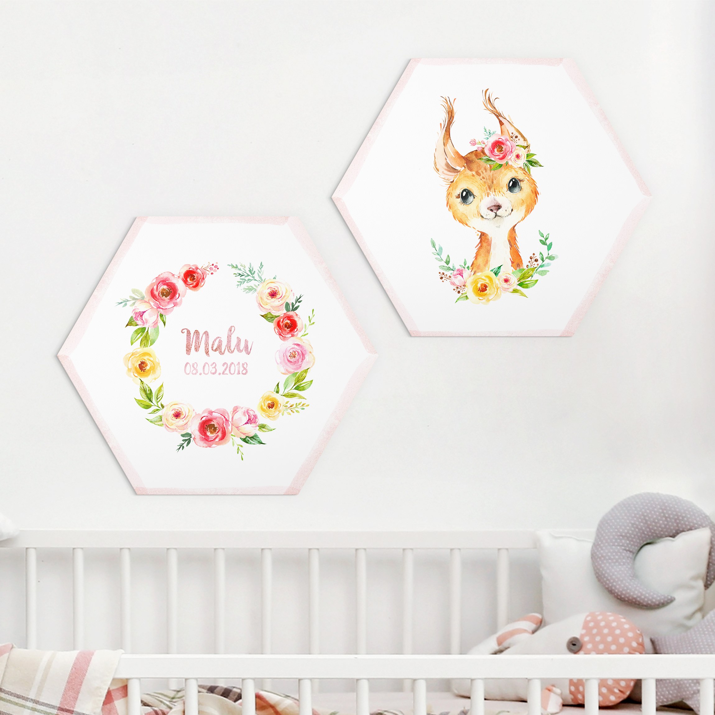 2-teiliges Hexagon-Forexbild Aquarell Waldtiere Blumen mit Wunschnamen