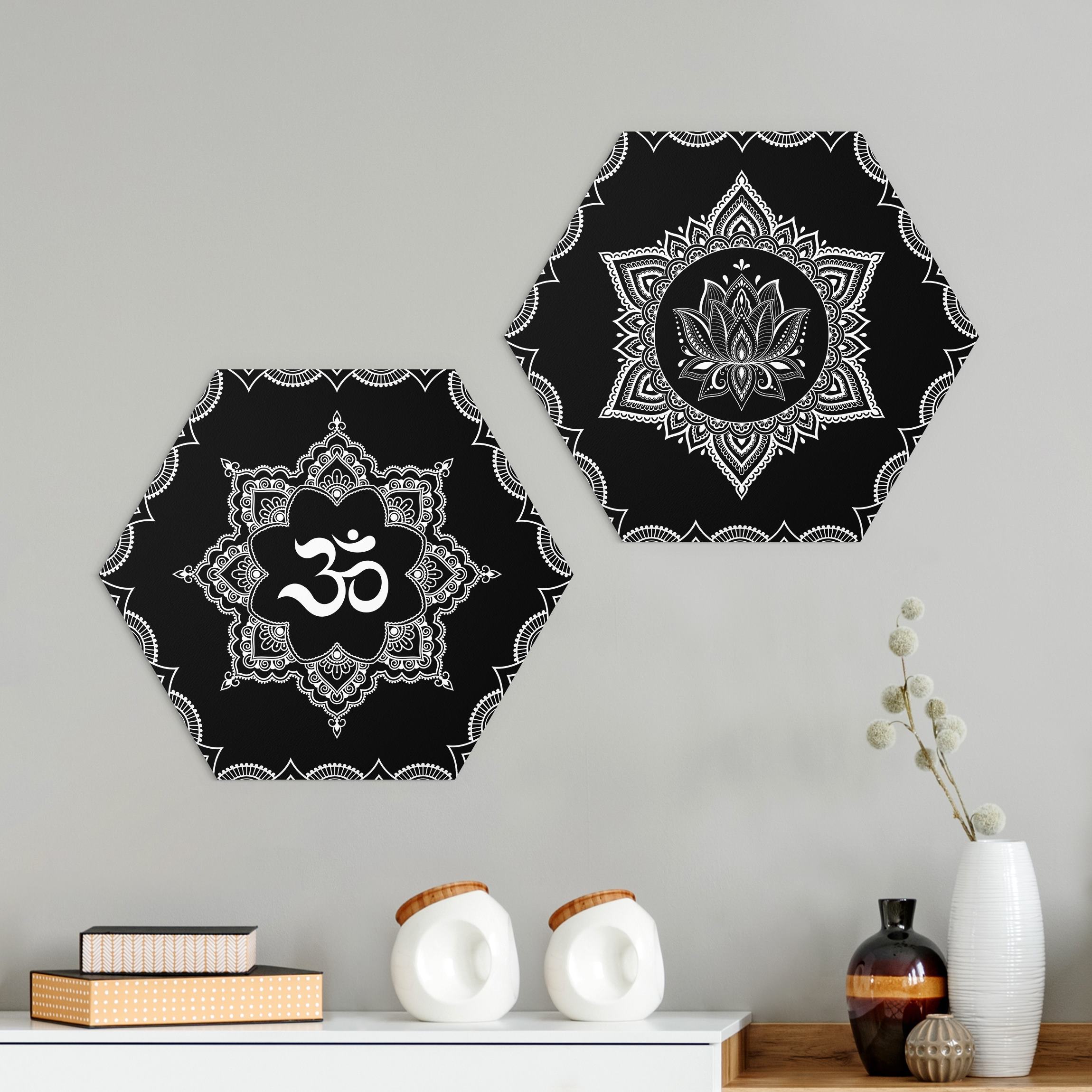 2-teiliges Hexagon-Alu-Dibond Bild Lotus OM Illustration Set Schwarz