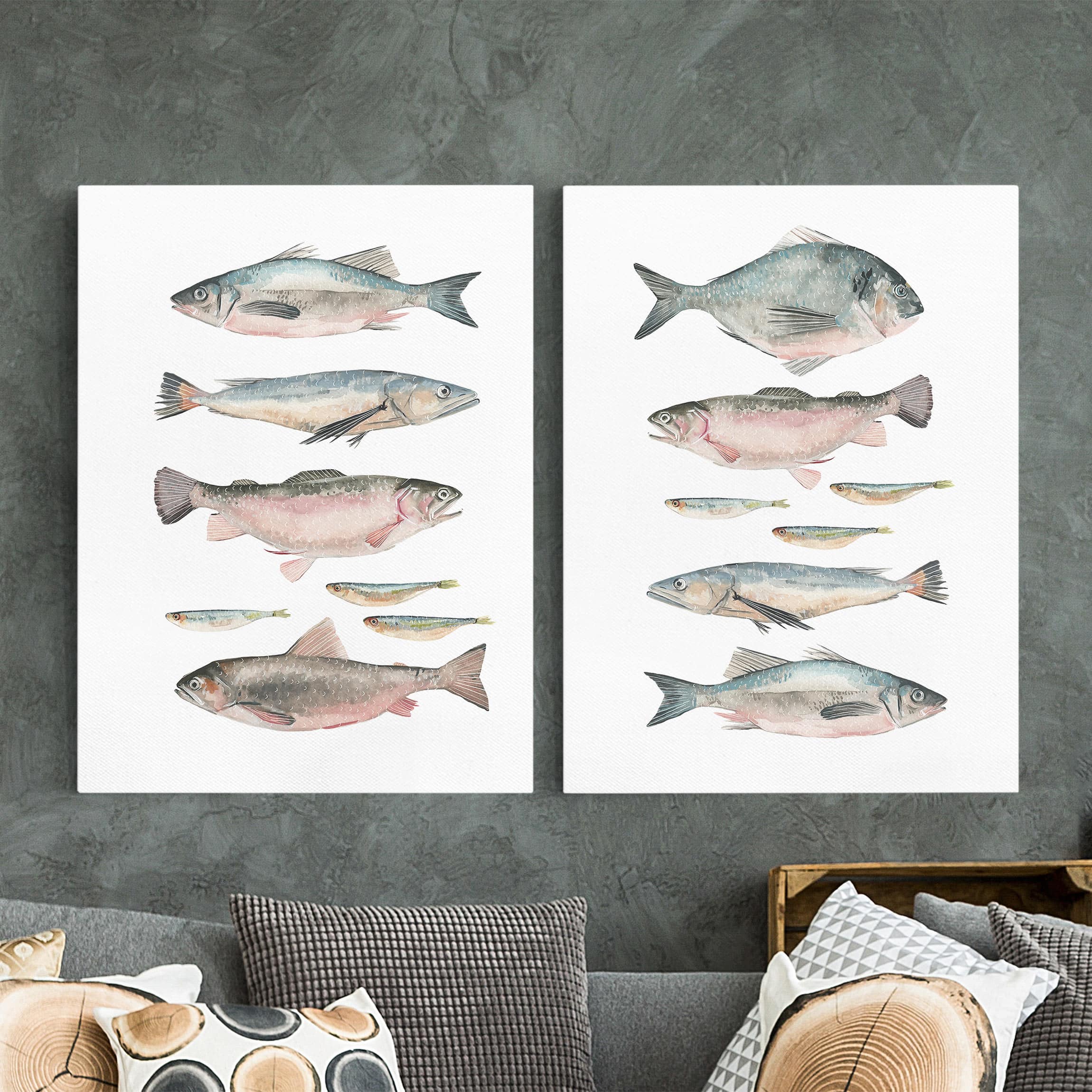 2-teiliges Leinwandbild - Hochformat Fische in Aquarell Set I