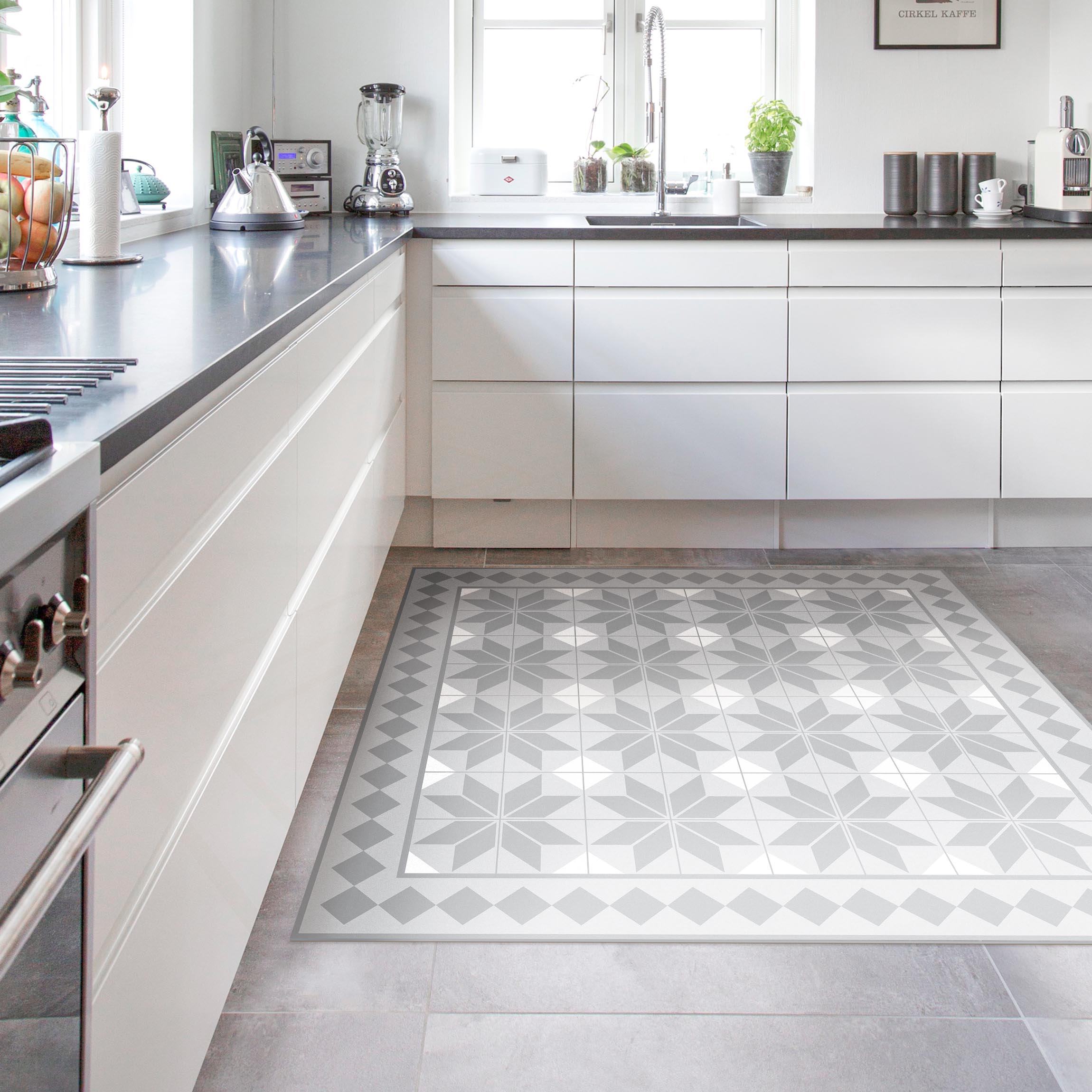 Vinylteppich Geometrische Fliesen Sternblume Grau mit Bordüre