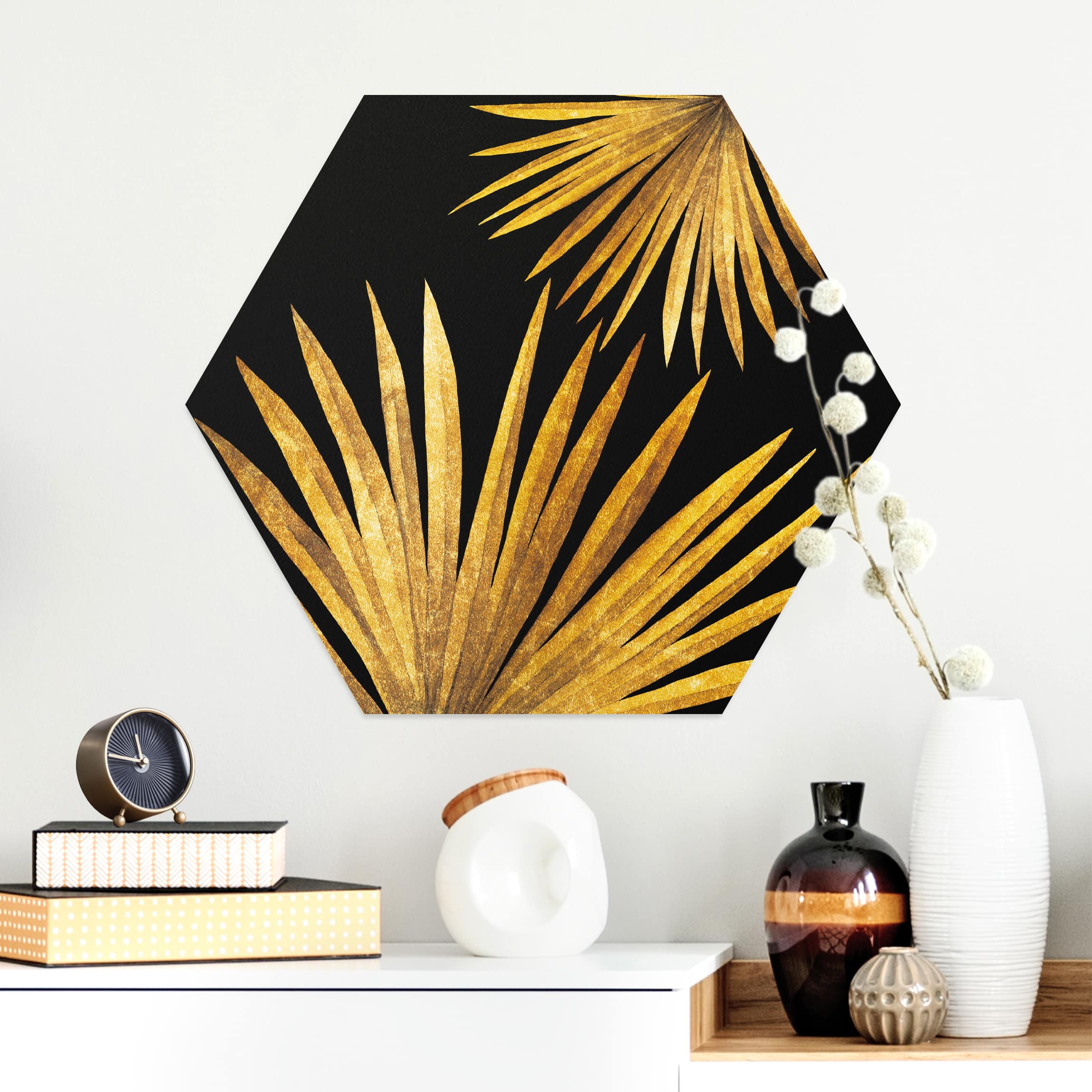 Hexagon-Alu-Dibond Bild Gold - Palmenblatt auf Schwarz