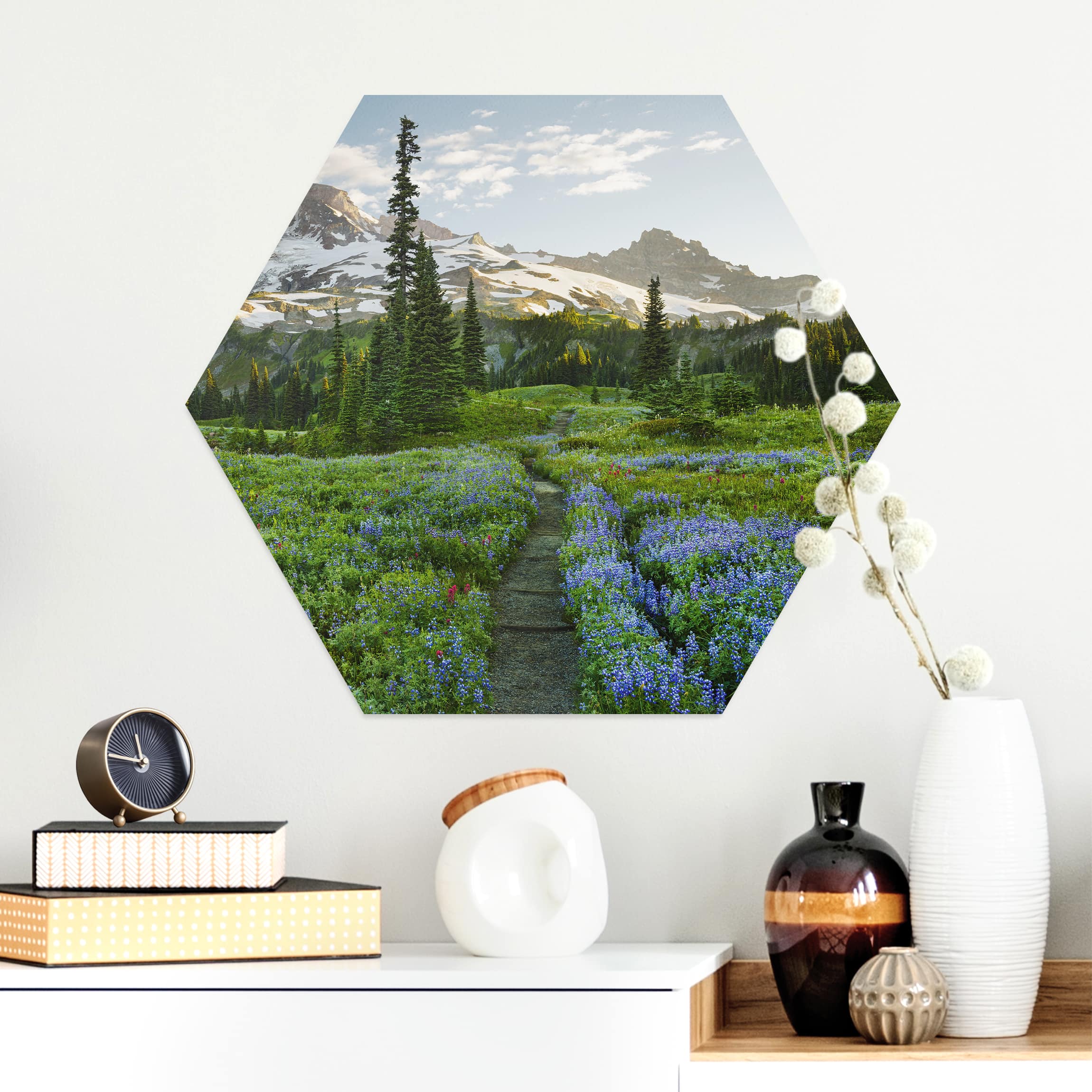 Hexagon-Alu-Dibond Bild Bergblick Wiesenpfad