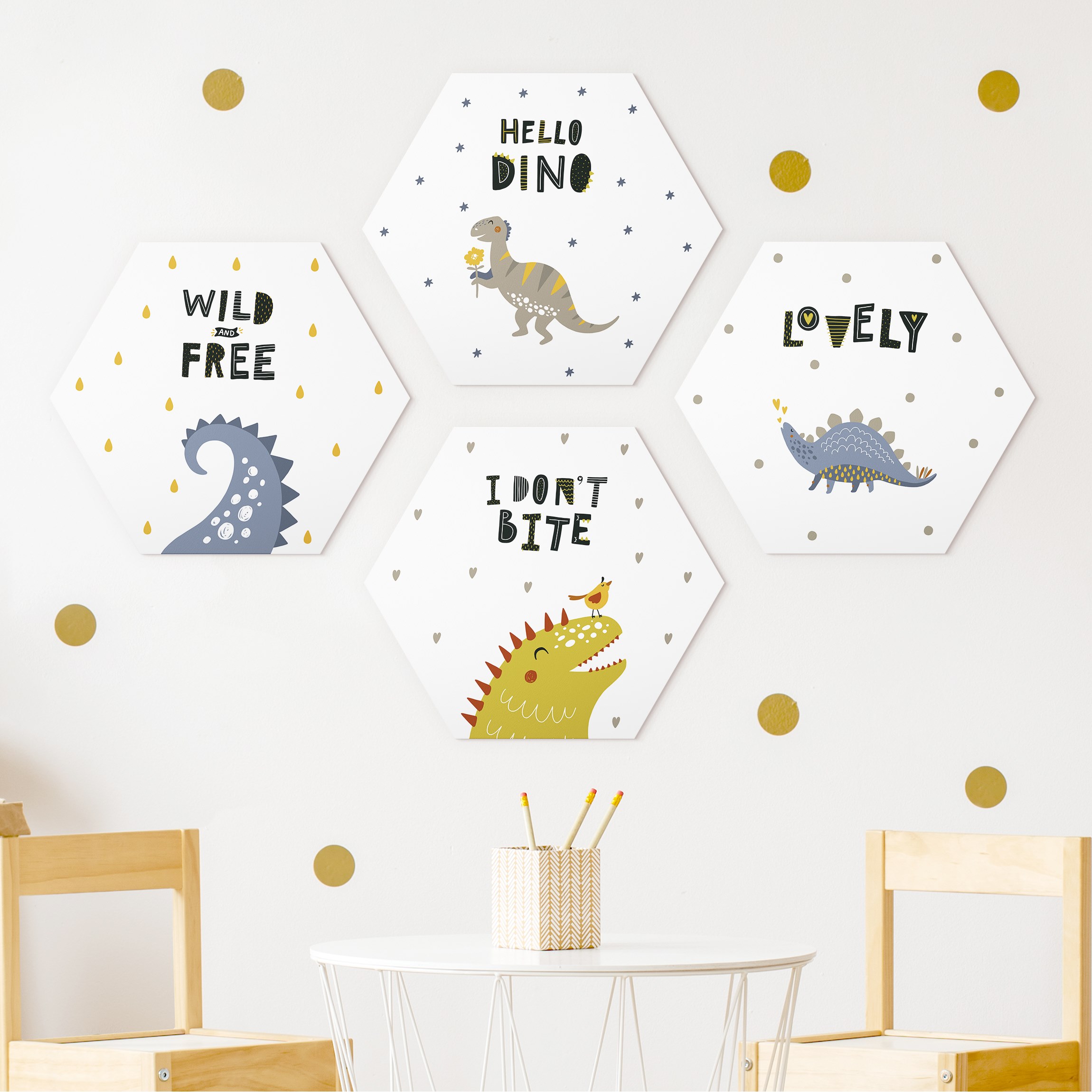 4-teiliges Hexagon-Alu-Dibond Bild Dino Liebe Set II