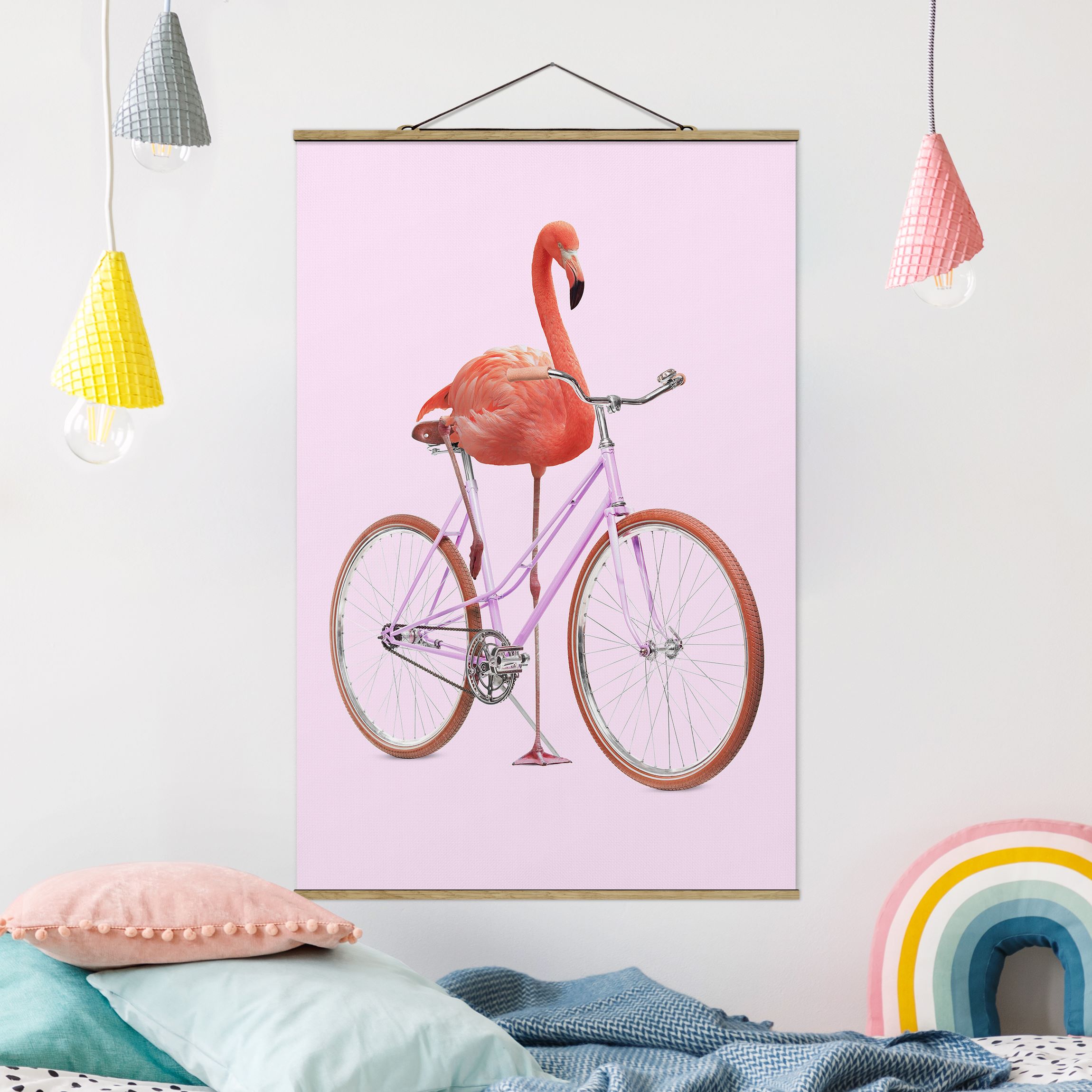 Stoffbild mit Posterleisten Flamingo mit Fahrrad