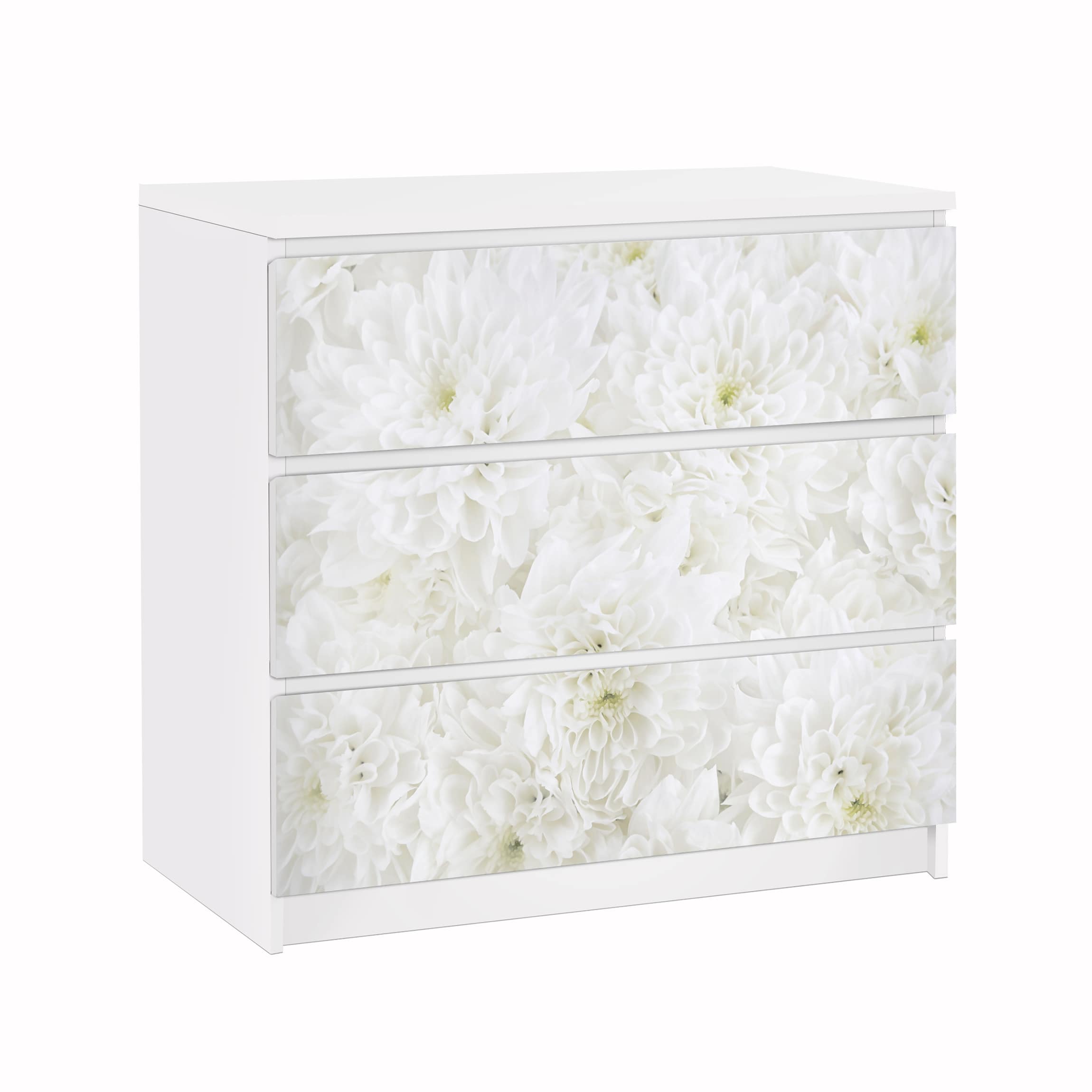 Möbelfolie für IKEA Malm Kommode 3 Schubladen Dahlien Blumenmeer weiß