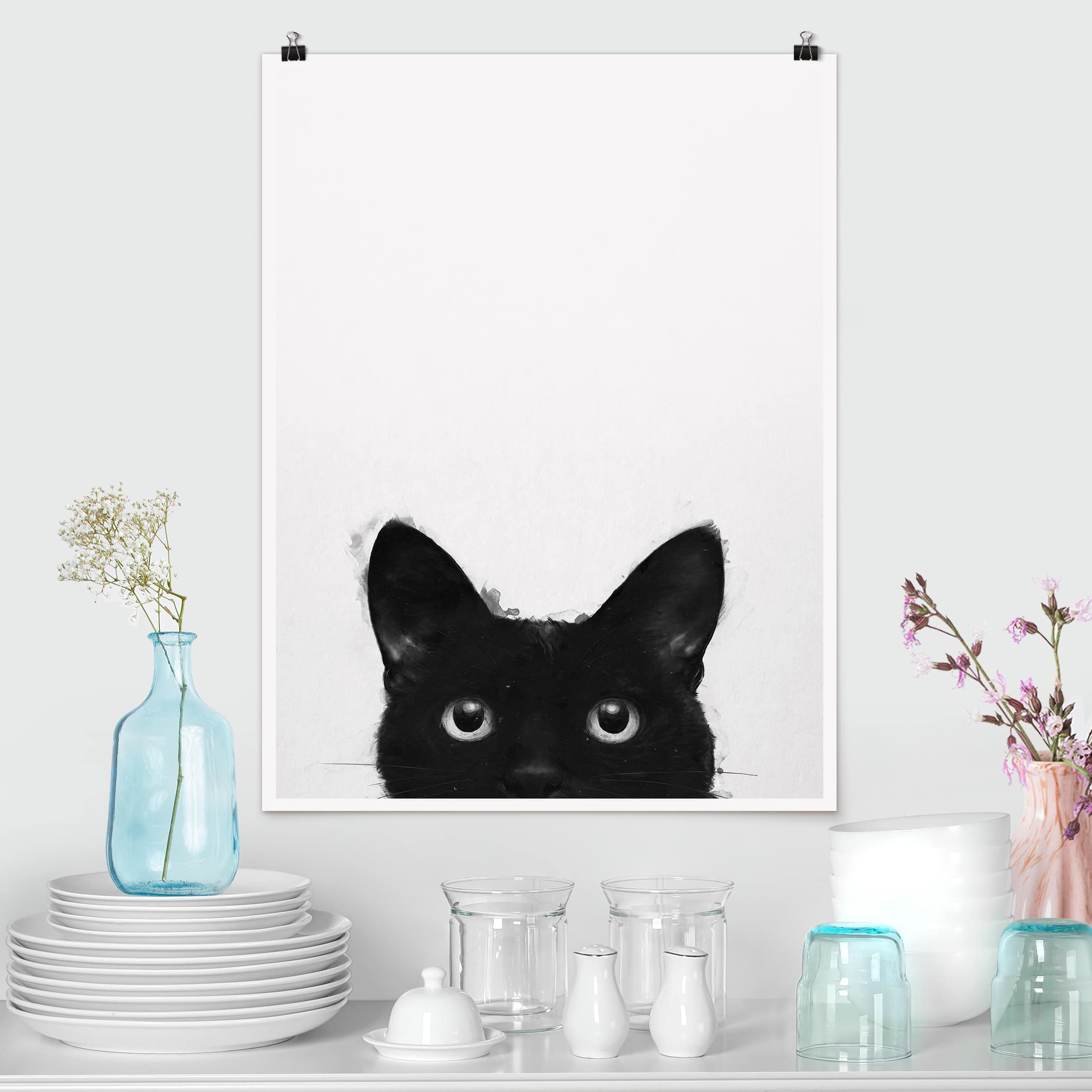 Poster - Hochformat Illustration Schwarze Katze auf Weiß Malerei
