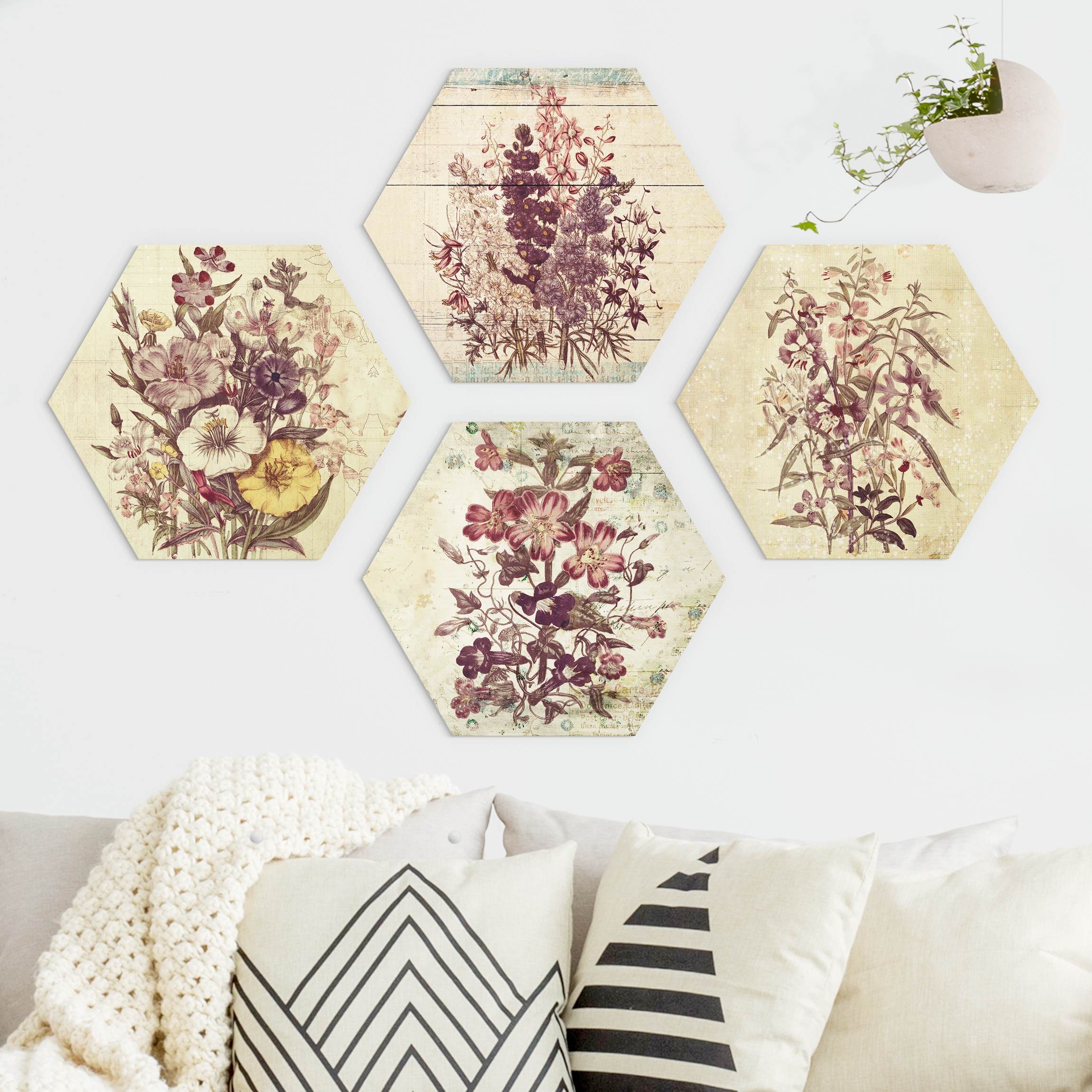 4-teiliges Hexagon-Alu-Dibond Bild Vintage Blumen Sammlung