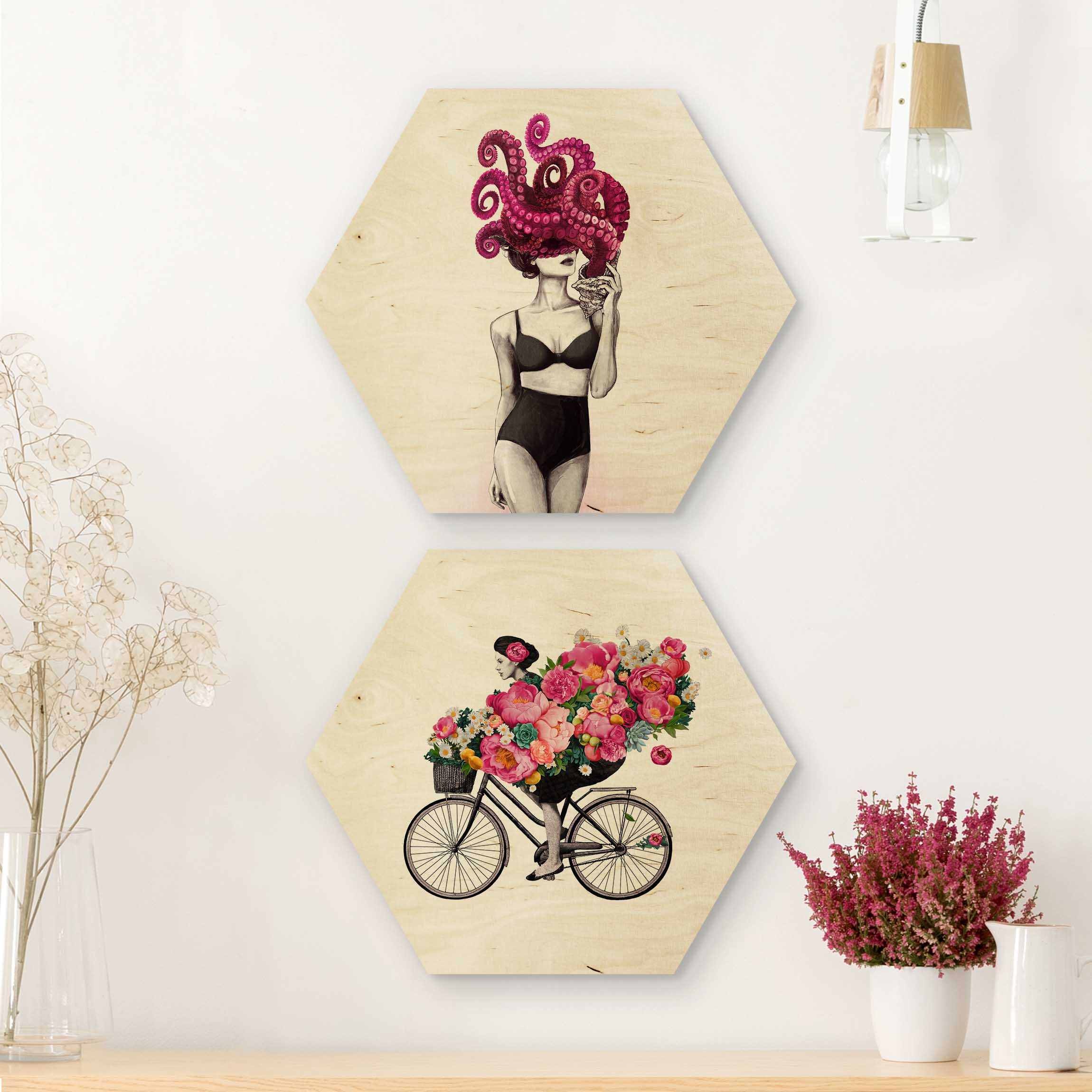 2-teiliges Hexagon-Holzbild Frauen Zeichnungen - Floraler Ozean