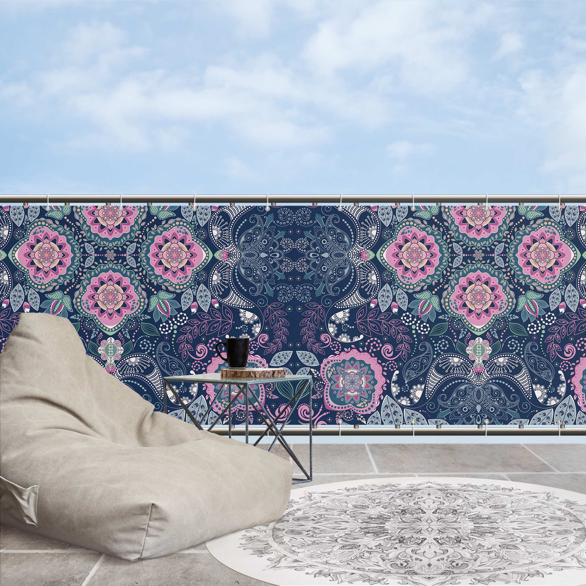 Balkon Sichtschutz Detailliertes Boho Muster in Blau