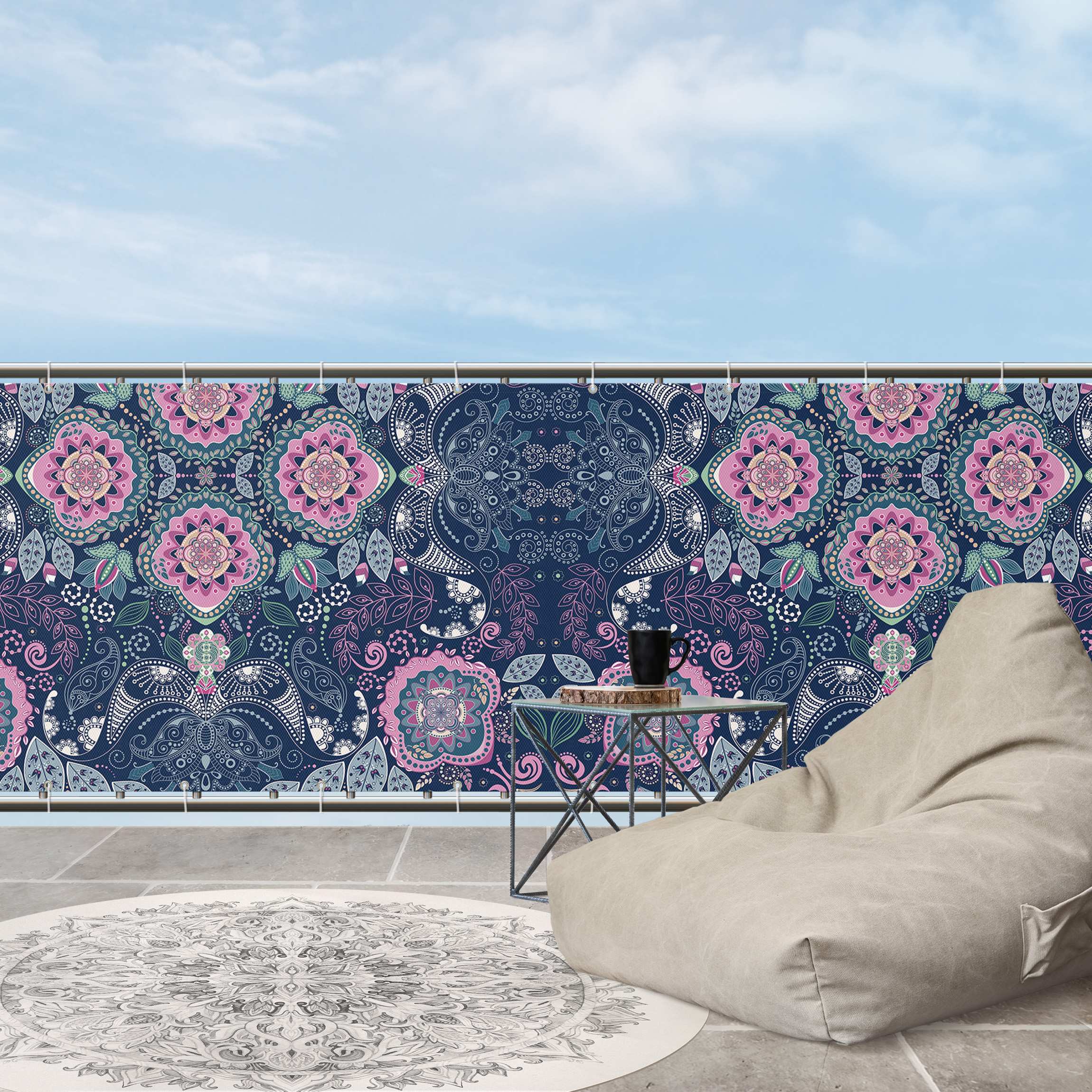 Balkon Sichtschutz Detailliertes Boho Muster in Blau