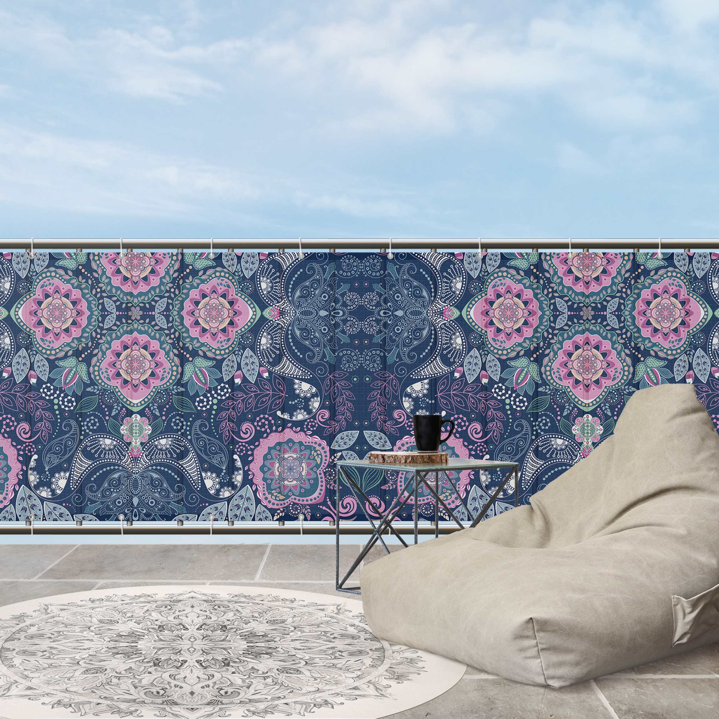 Balkon Sichtschutz Detailliertes Boho Muster in Blau