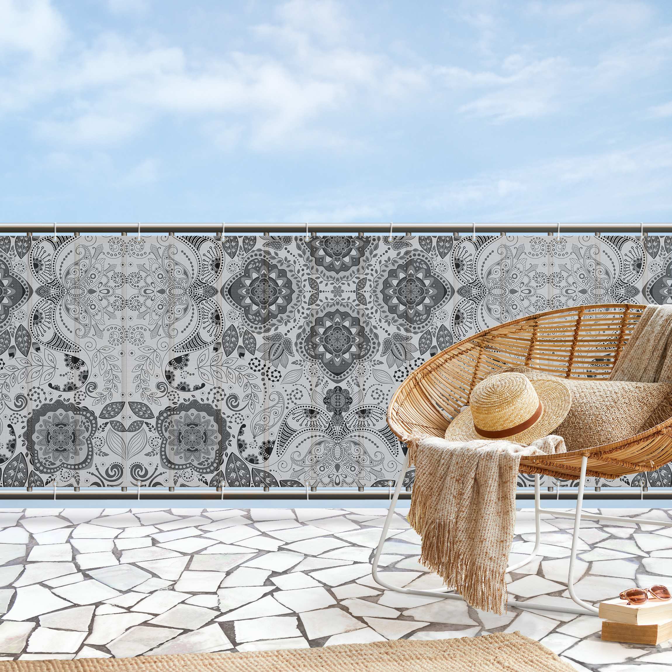 Balkon Sichtschutz Detailliertes Boho Muster in Grau