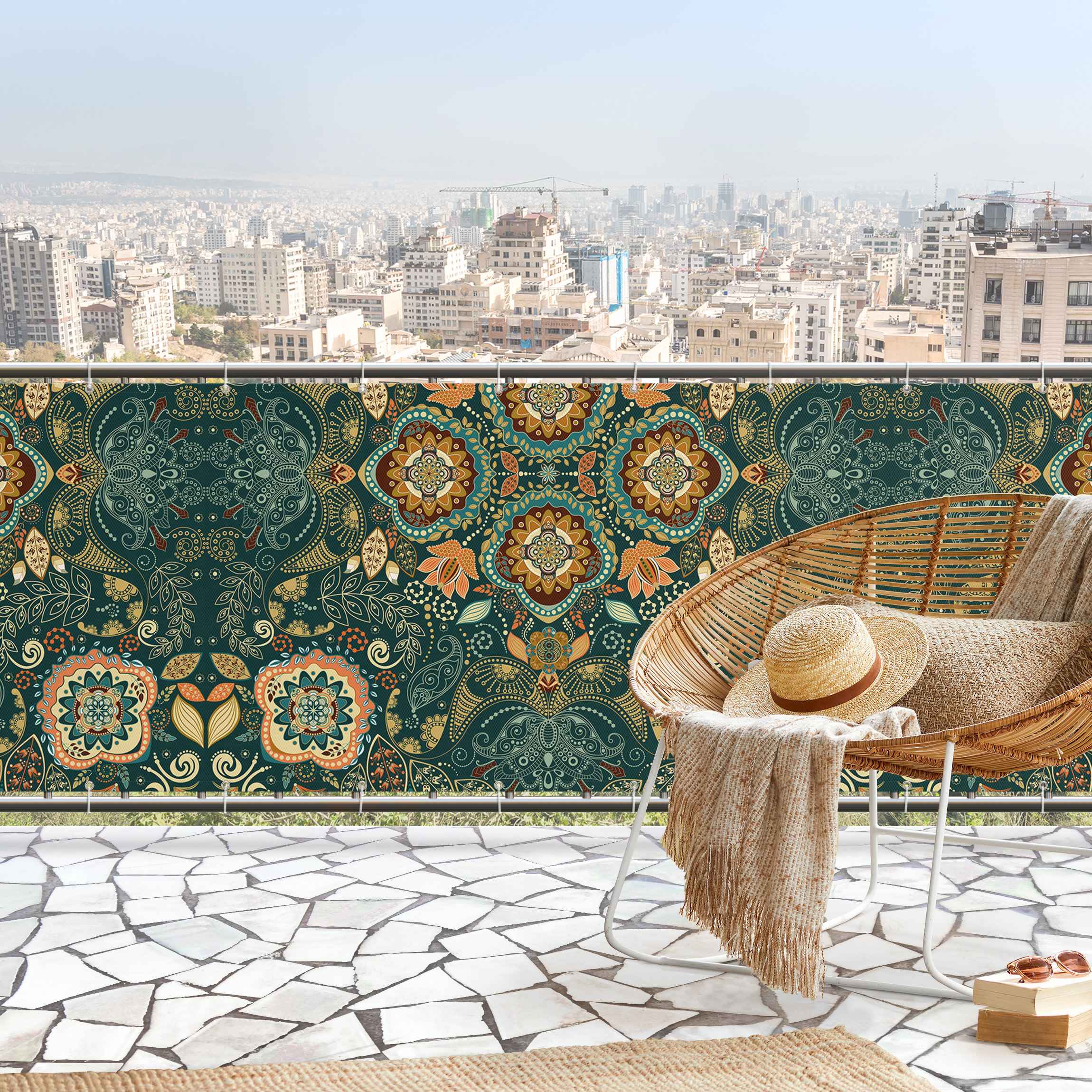 Balkon Sichtschutz Detailliertes Boho Muster in Grün