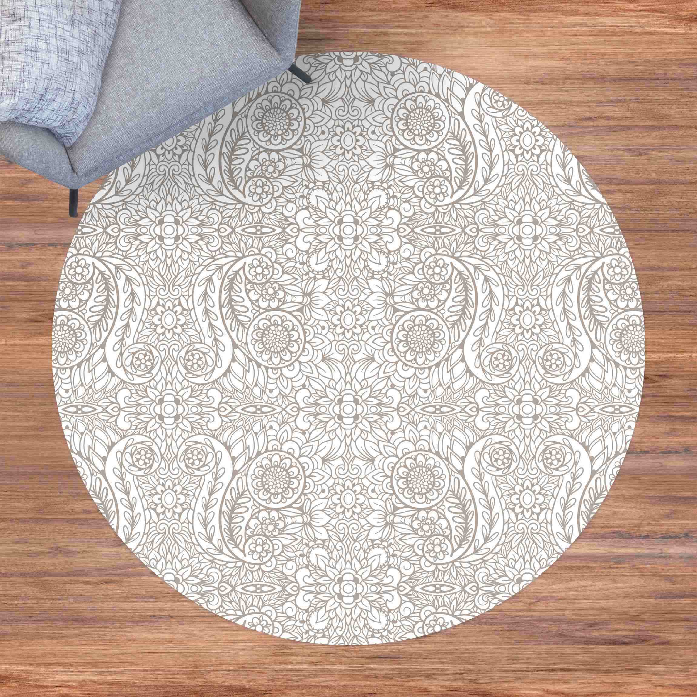 Runder Vinyl-Teppich Detailliertes Jugendstilmuster in Graubeige