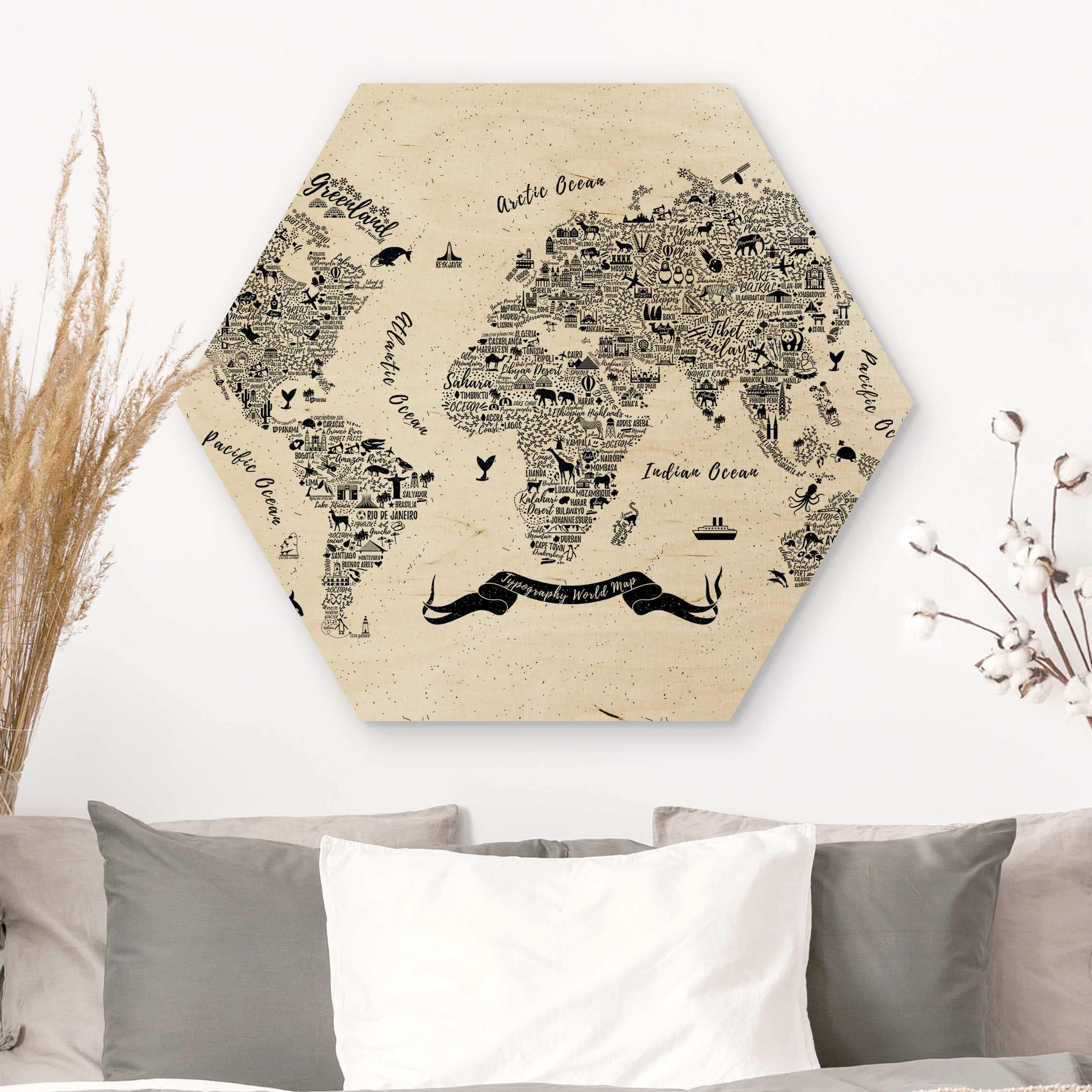 Hexagon-Holzbild Typografie Weltkarte weiß
