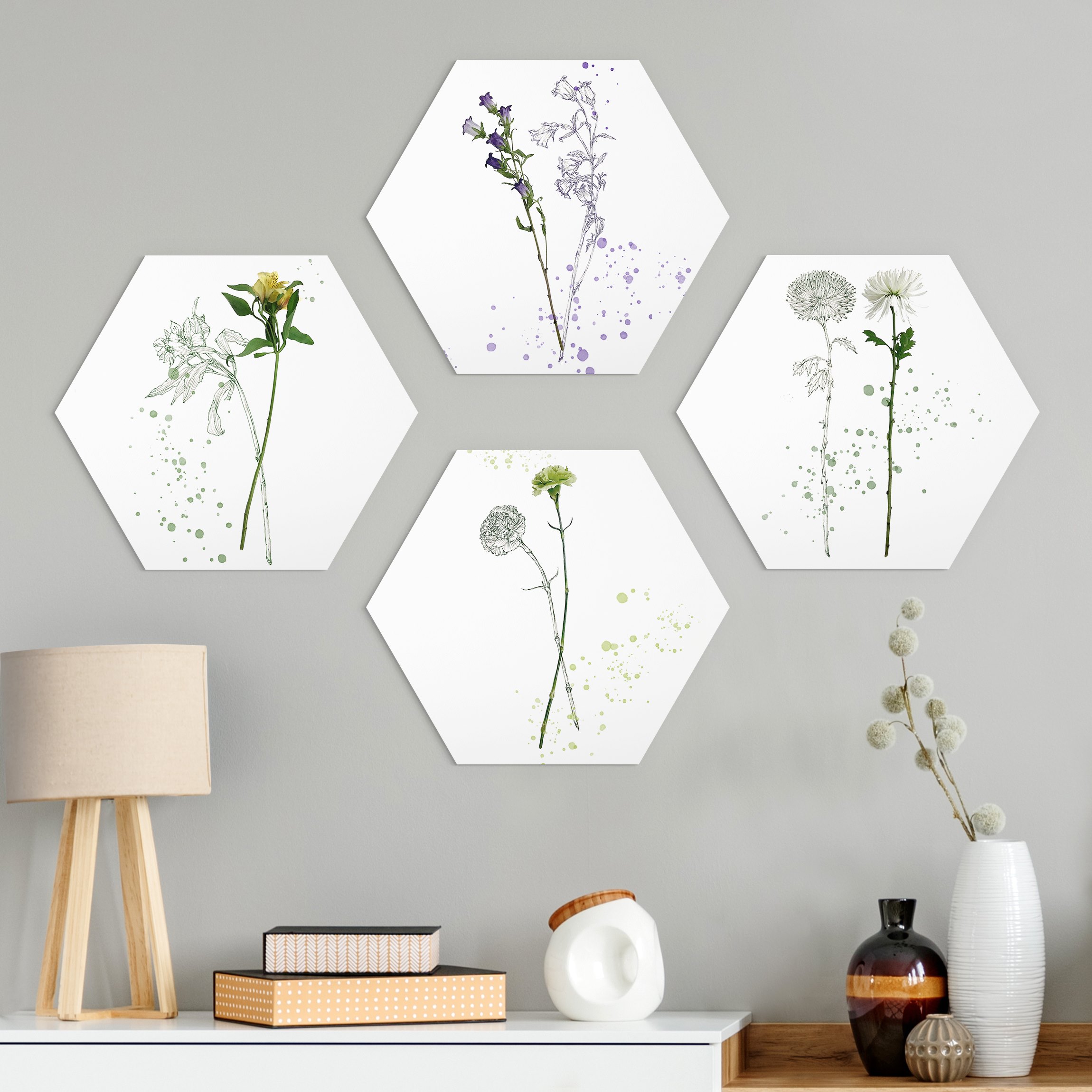 4-teiliges Hexagon-Alu-Dibond Bild Botanisches Aquarell Set I