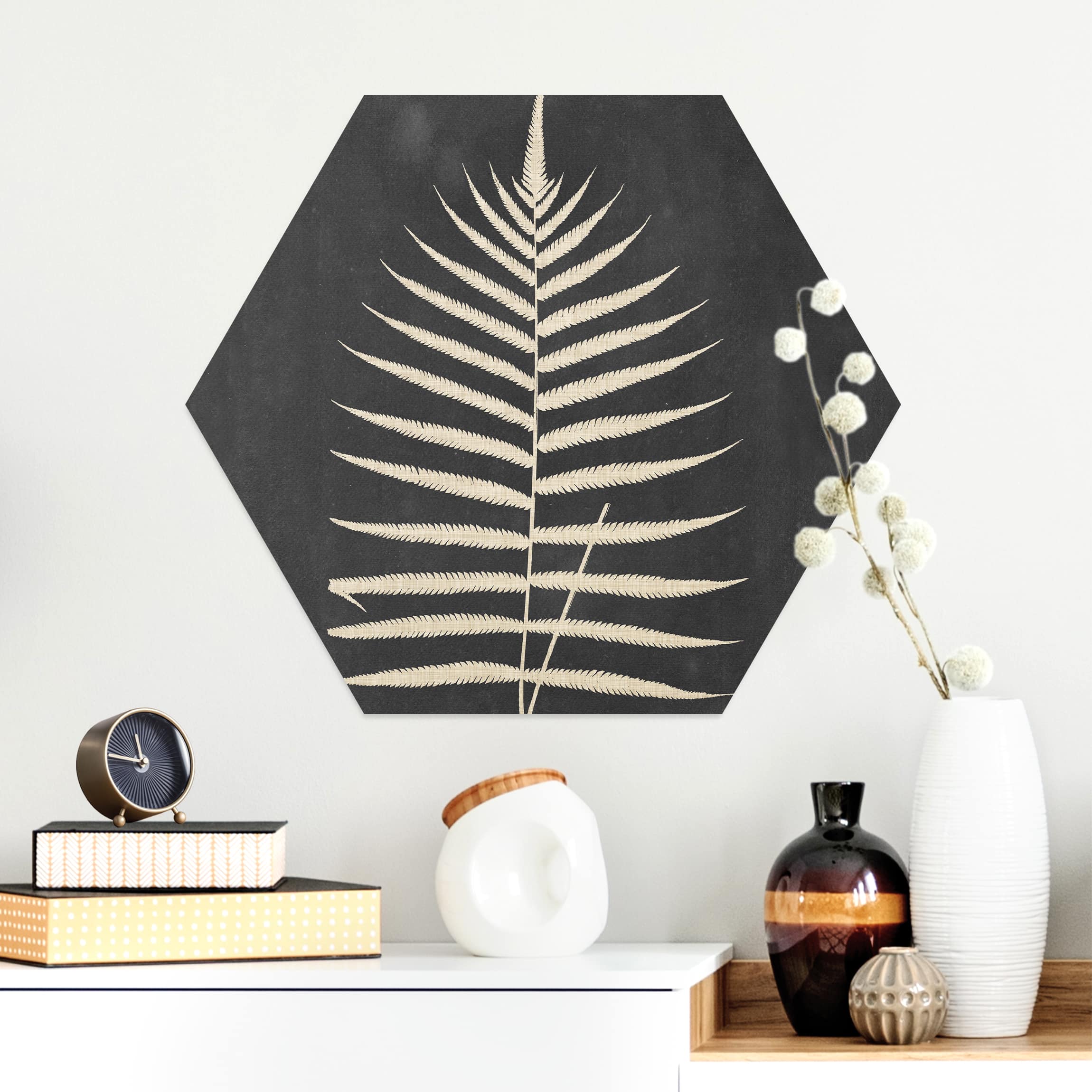 Hexagon-Alu-Dibond Bild Farn mit Leinenstruktur III