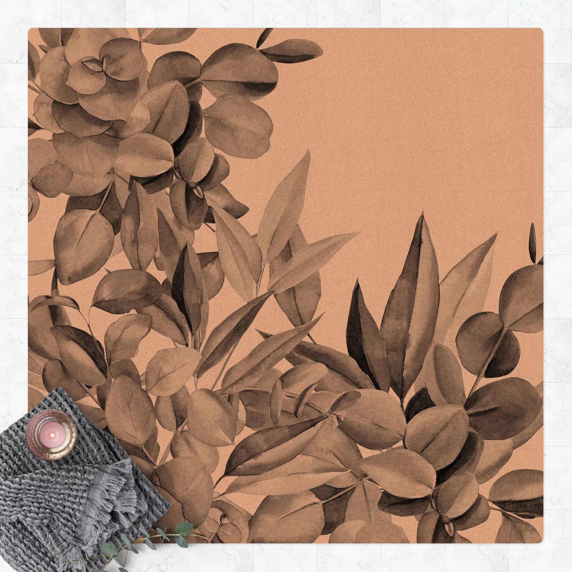 Kork-Teppich Dickicht Eukalyptusblätter Aquarell Schwarz