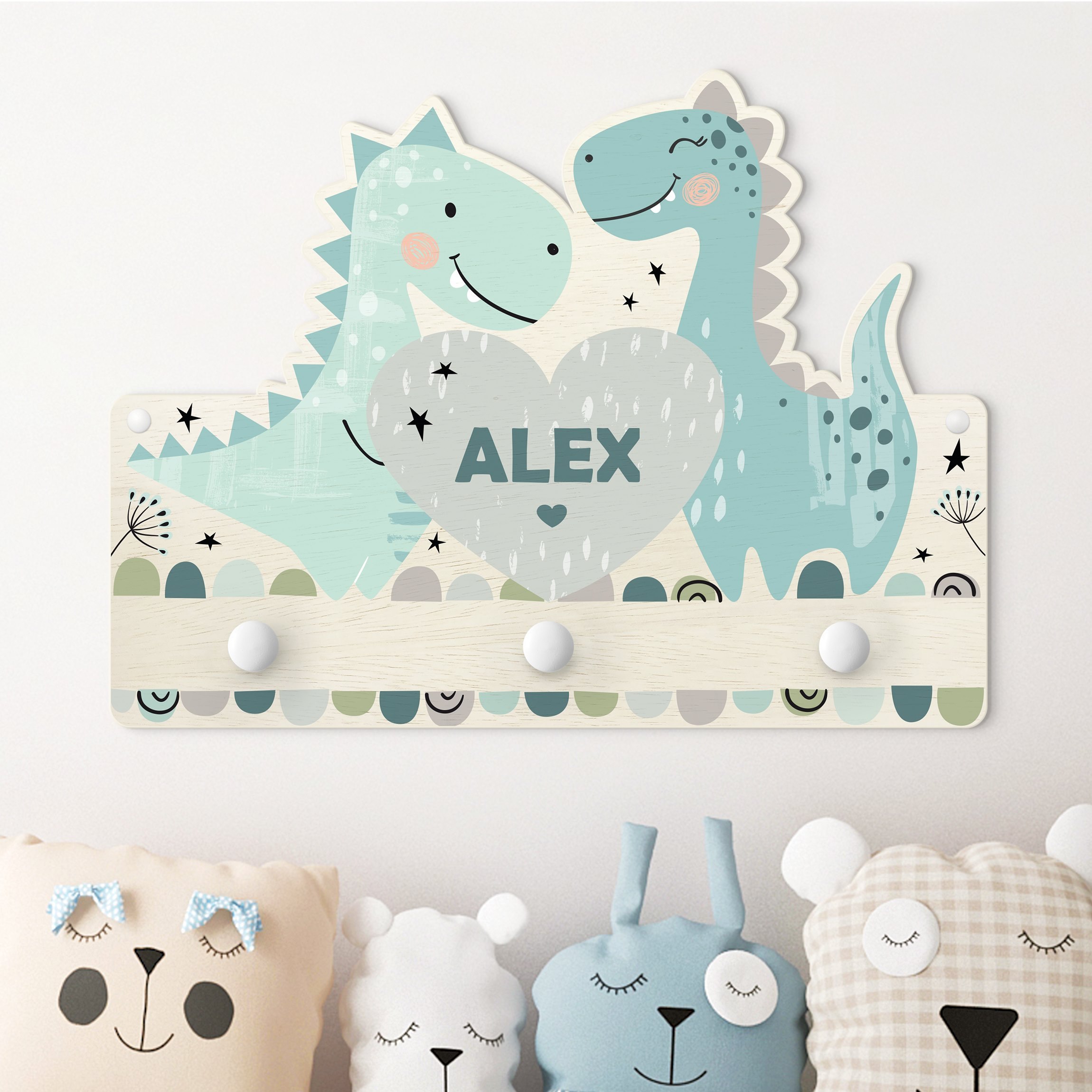 Kindergarderobe Holz mit Namen Dino Pastell mit Wunschname